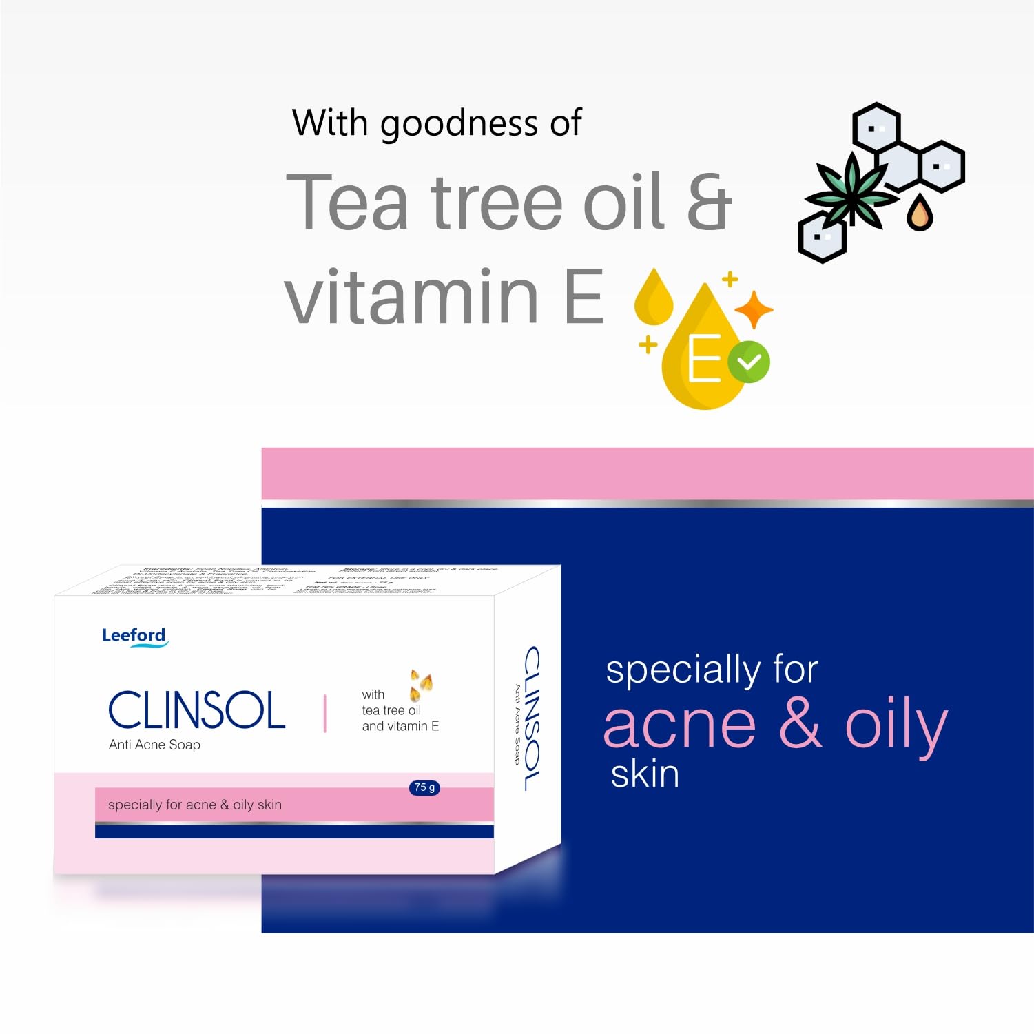 Leeford Clinsol Tea Tree Oil Soap Pack of 3 (75g Each) - Enriched with Vitamin E for Soft, Clear Skin | Gentle Acne Treatment & Skin Nourishment | Perfect for Daily Face Wash & Acne-Prone Skin Care