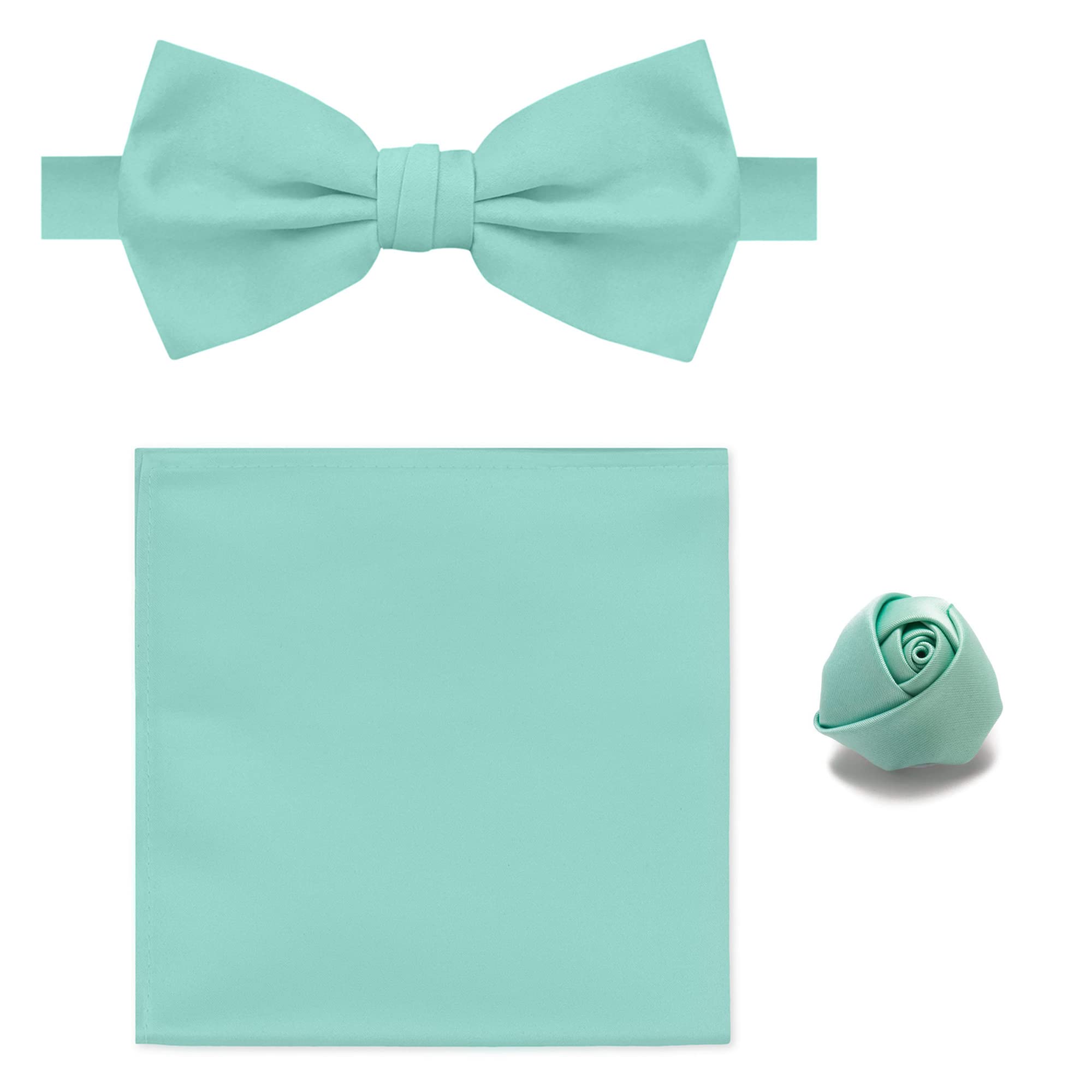 Elegant Pretied Banded Bowtie with Hanky Rose Lapel Flower - 3 Piece Formal Set for Weddings, Prom & Special Occasions