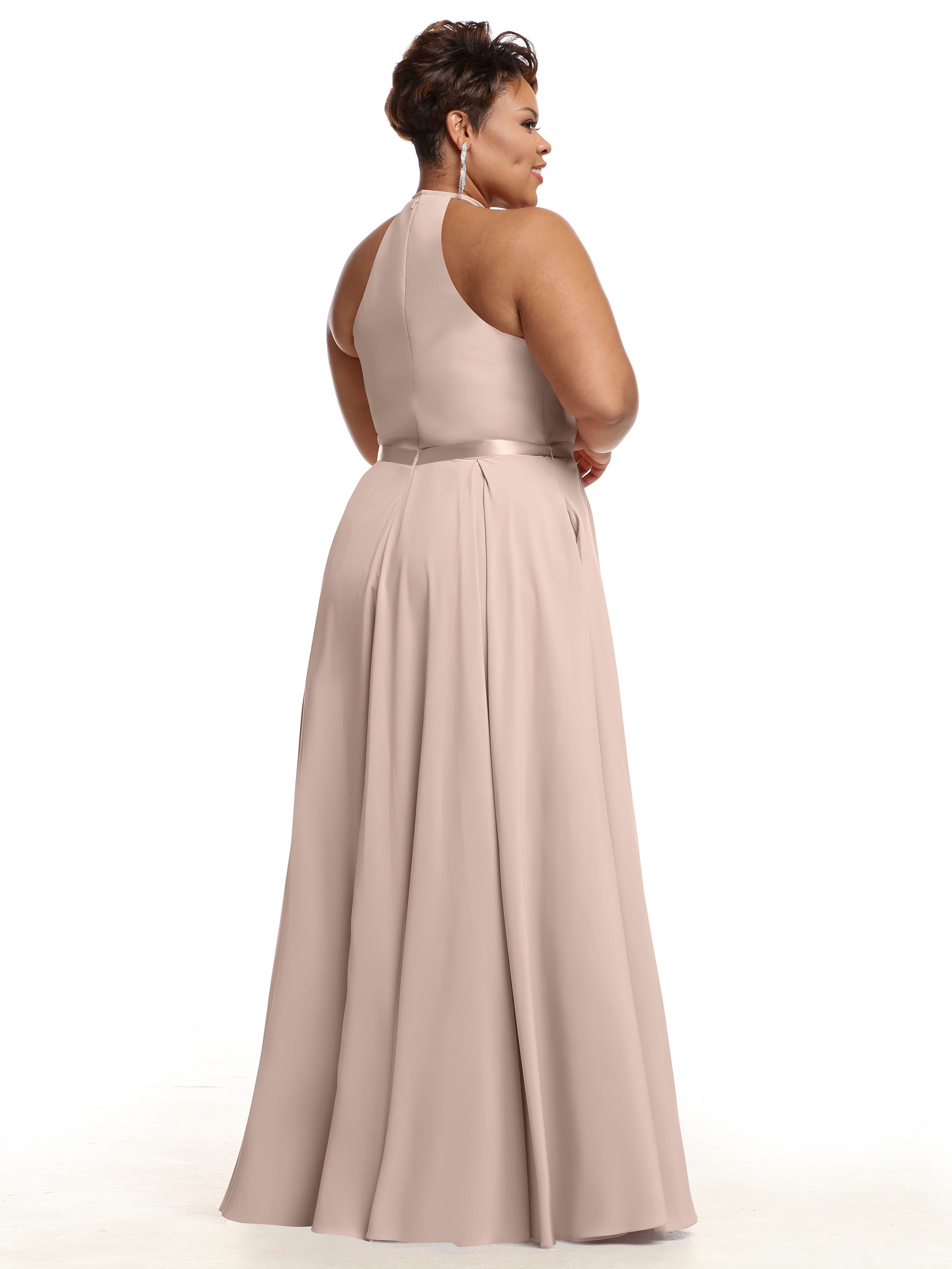 Elegant A-Line Stretch Chiffon Bridesmaid Dress with Halter Neckline & Waist Belt - Perfect for Weddings, Formal Events & Special Occasions
