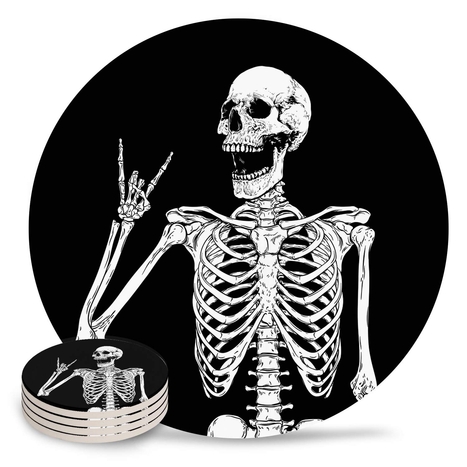 Halloween Skull Drink Coasters Set of 4 - Absorbent Ceramic Coasters with Cork Backing - Perfect for Home, Living Room & Coffee Bar Decor - Funny Skeleton 'Love You' Design - Ideal for Halloween Parties, Themed Events & Gothic Home Decor