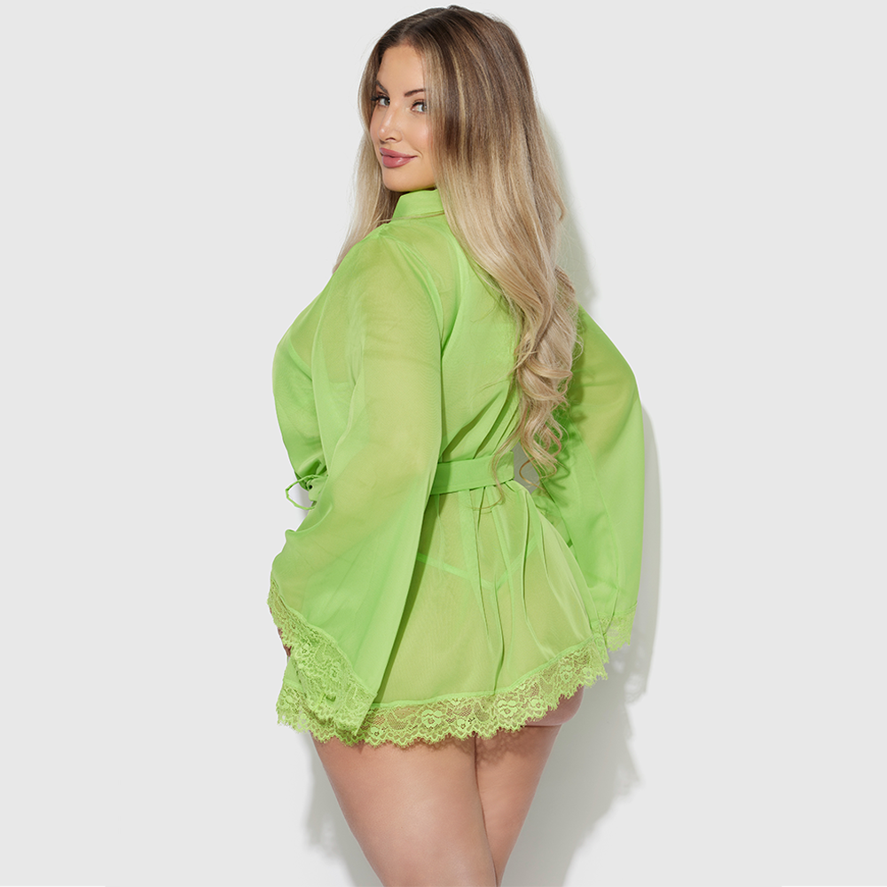 Shavon Sheer Chiffon & Lace Trim Kimono Robe for Women - Plus Size Cover Up - Elegant Loungewear for Spa, Beach, and Special Occasions