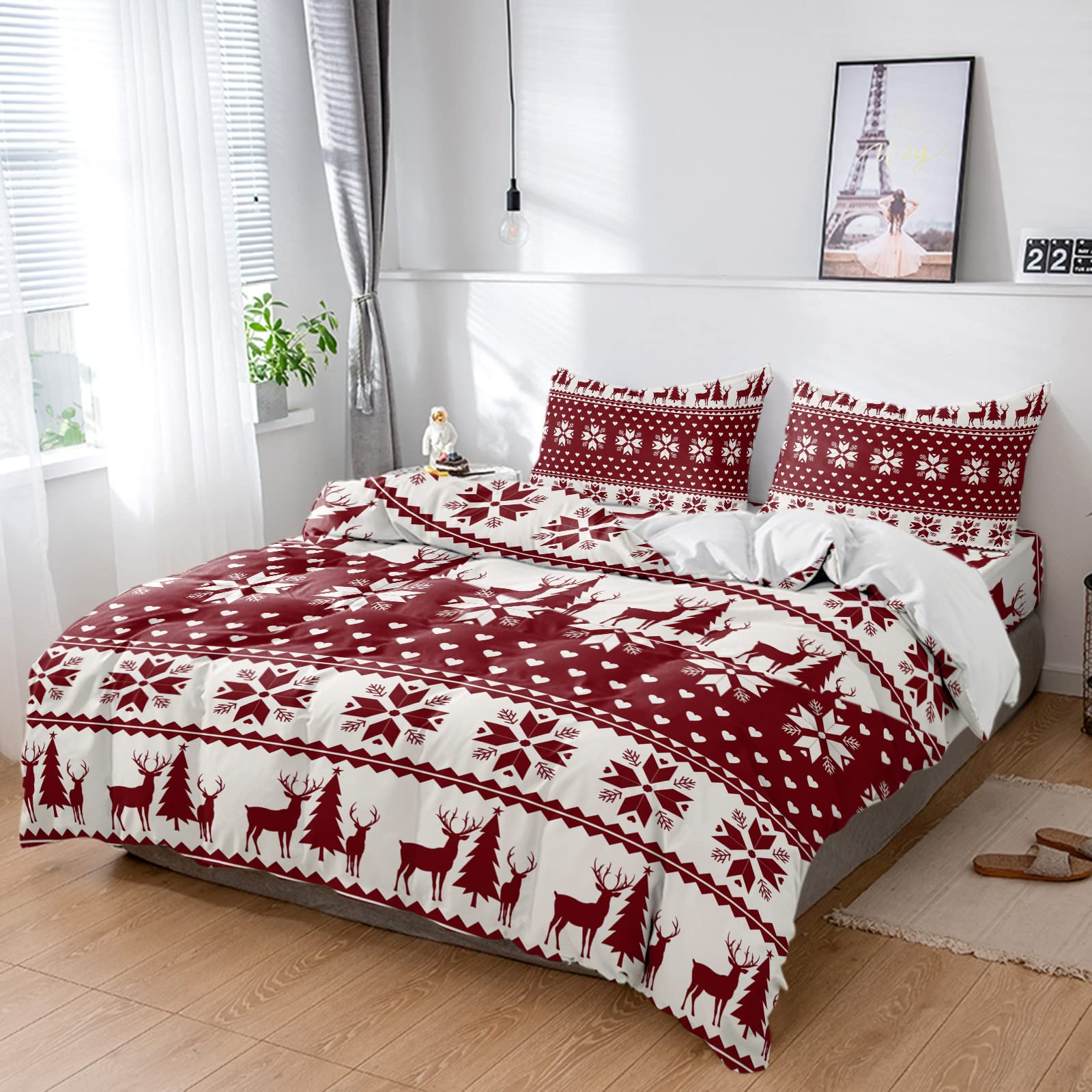 Vintage Christmas Queen Duvet Cover Set - 4 Piece Snowflake Elk Print Bedding Set with Zipper Closure | Soft Microfiber Quilt Cover, 1 Bed Sheet & 2 Pillow Shams in Red White Ethnic Design | Cozy Winter Bedroom Decor for Holiday Season