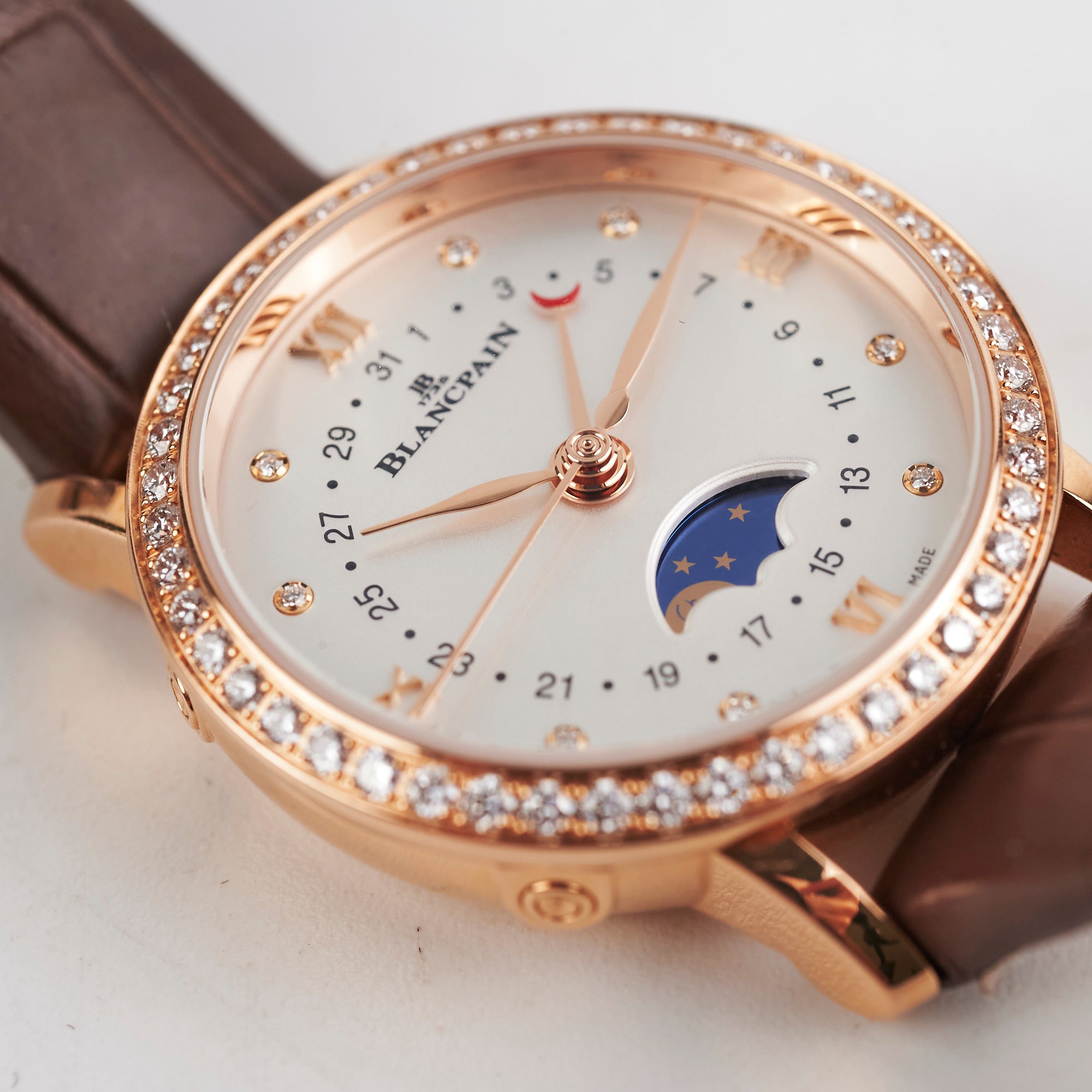 Blancpain Villeret 29mm Rose Gold Moonphase Diamond Watch for Women - Luxury Swiss Automatic Timepiece with Date Display & Diamond Bezel - Perfect for Formal Events, Weddings & Special Occasions