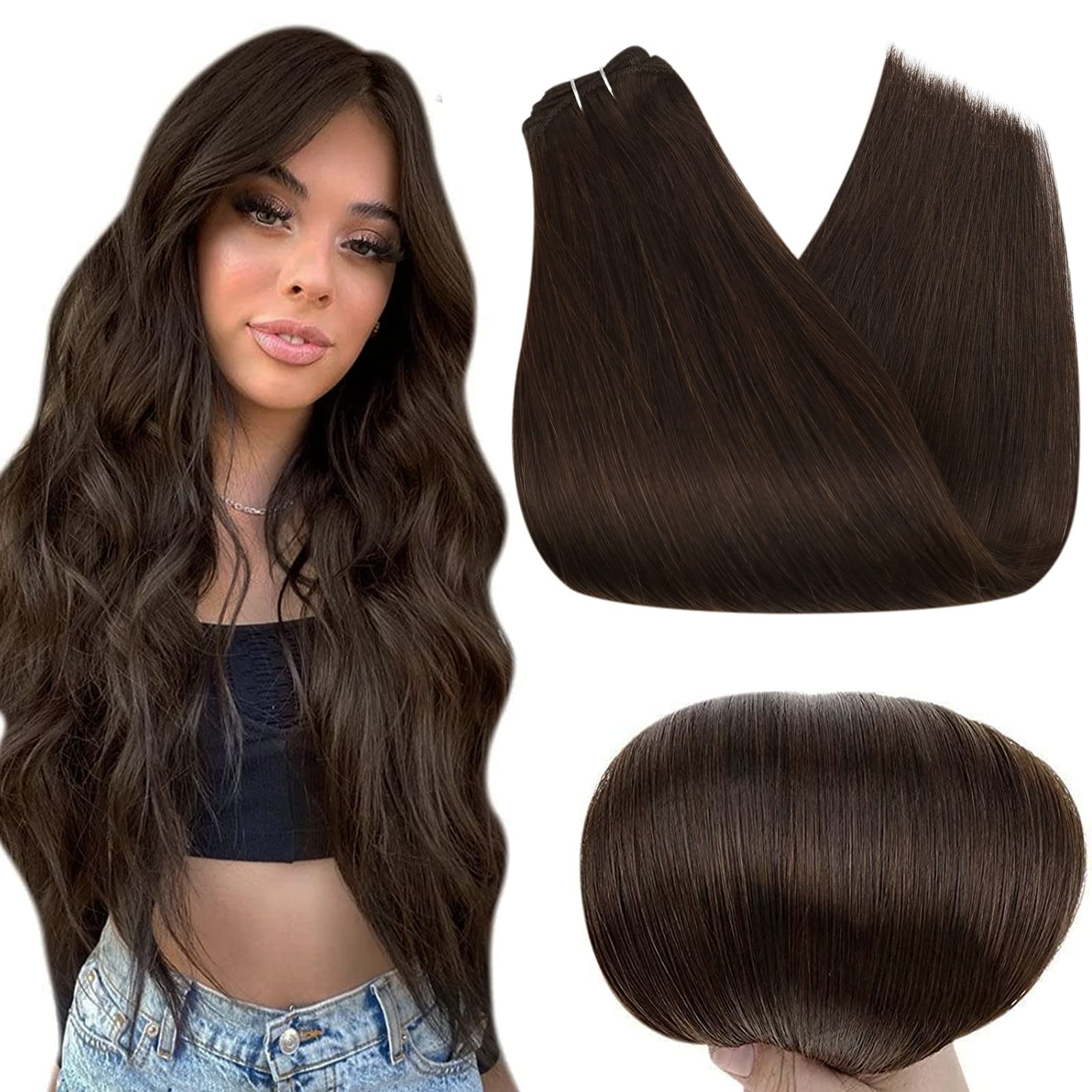 Premium 22 Inch Full Shine Dark Brown (#2) Remy Human Hair Weft Extensions - 105g Real Human Hair Weave Bundle for Sew-in, Clip-in & Tape-in Extensions | Perfect for Daily Wear, Special Occasions & Styling