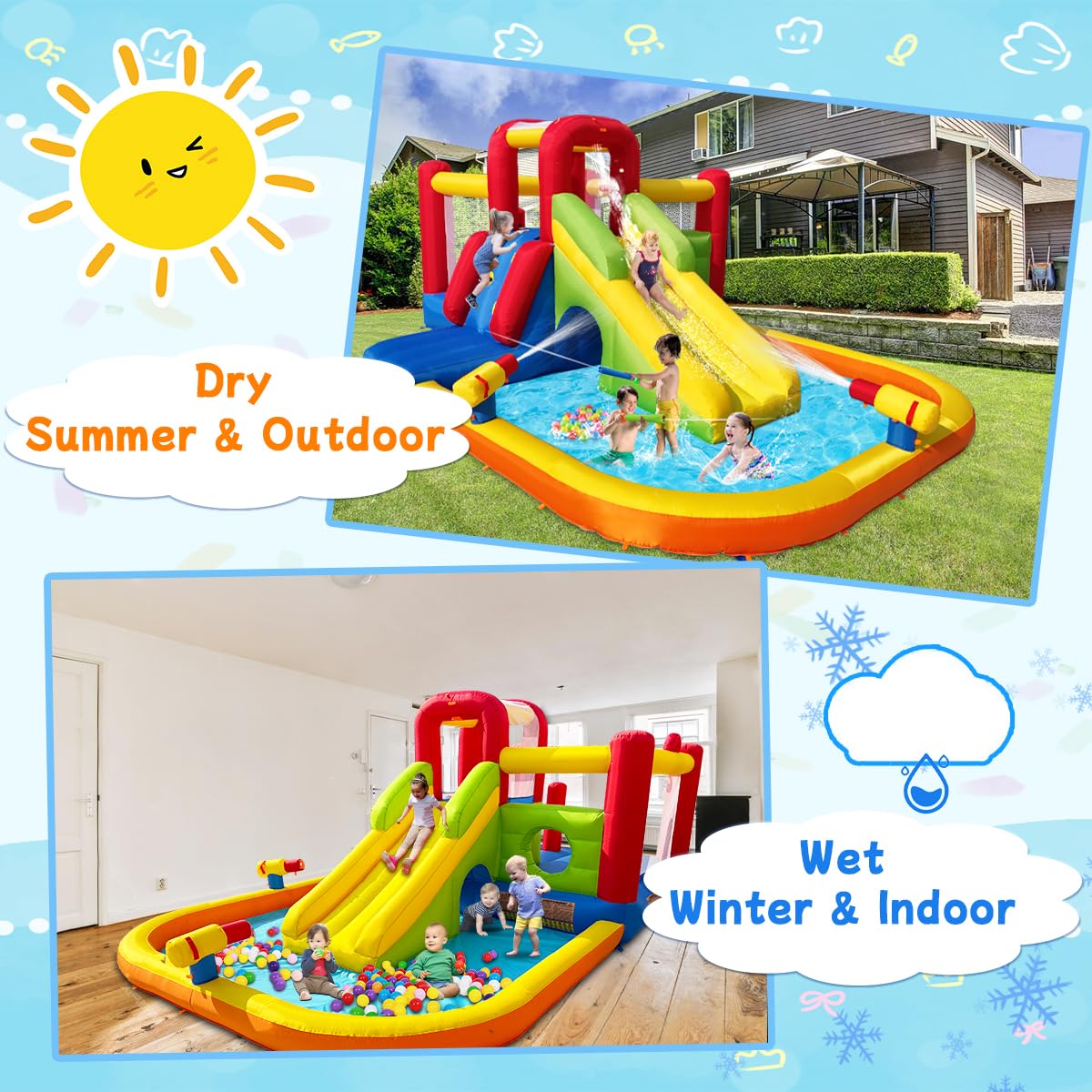 **Inflatable Bounce House with Water Slide for Kids - Double Cannon, Splash Pool, 2 Climbing Walls & Obstacles - Blow Up Jumping Castle with Blower - Perfect for Backyard Parties, Summer Fun & Outdoor Play**