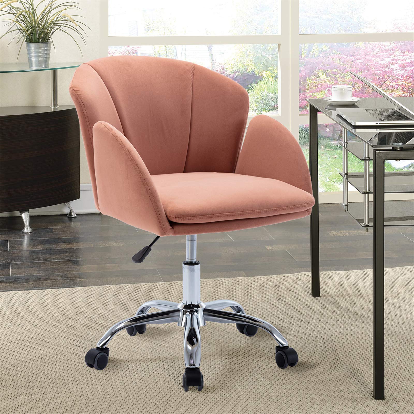Velvet Upholstered Modern Office Chair with Adjustable Height - Swivel Accent Leisure & Task Chair with Arms for Home & Office (Pink) | Perfect for Workspaces, Living Rooms & Reading Nooks