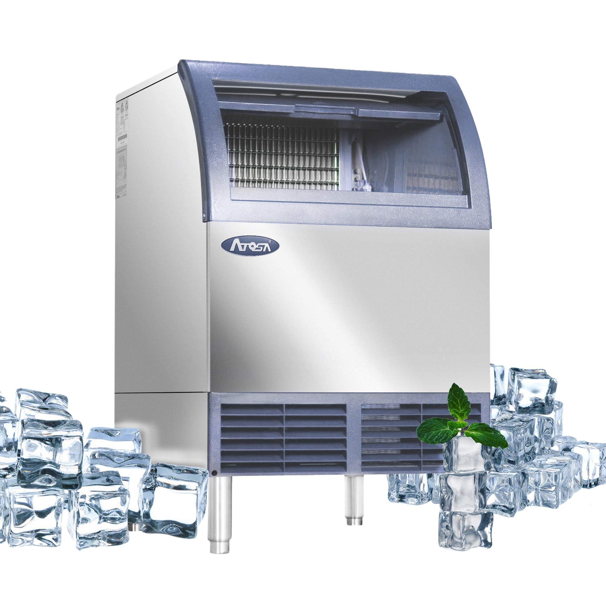 Atosa Commercial Ice Maker Machine with Bin - 142lbs/24h Stainless Steel Automatic Ice Maker for Restaurants, Bars, Cafes & Catering Services - Perfect for High-Volume Ice Production in Food Service Businesses