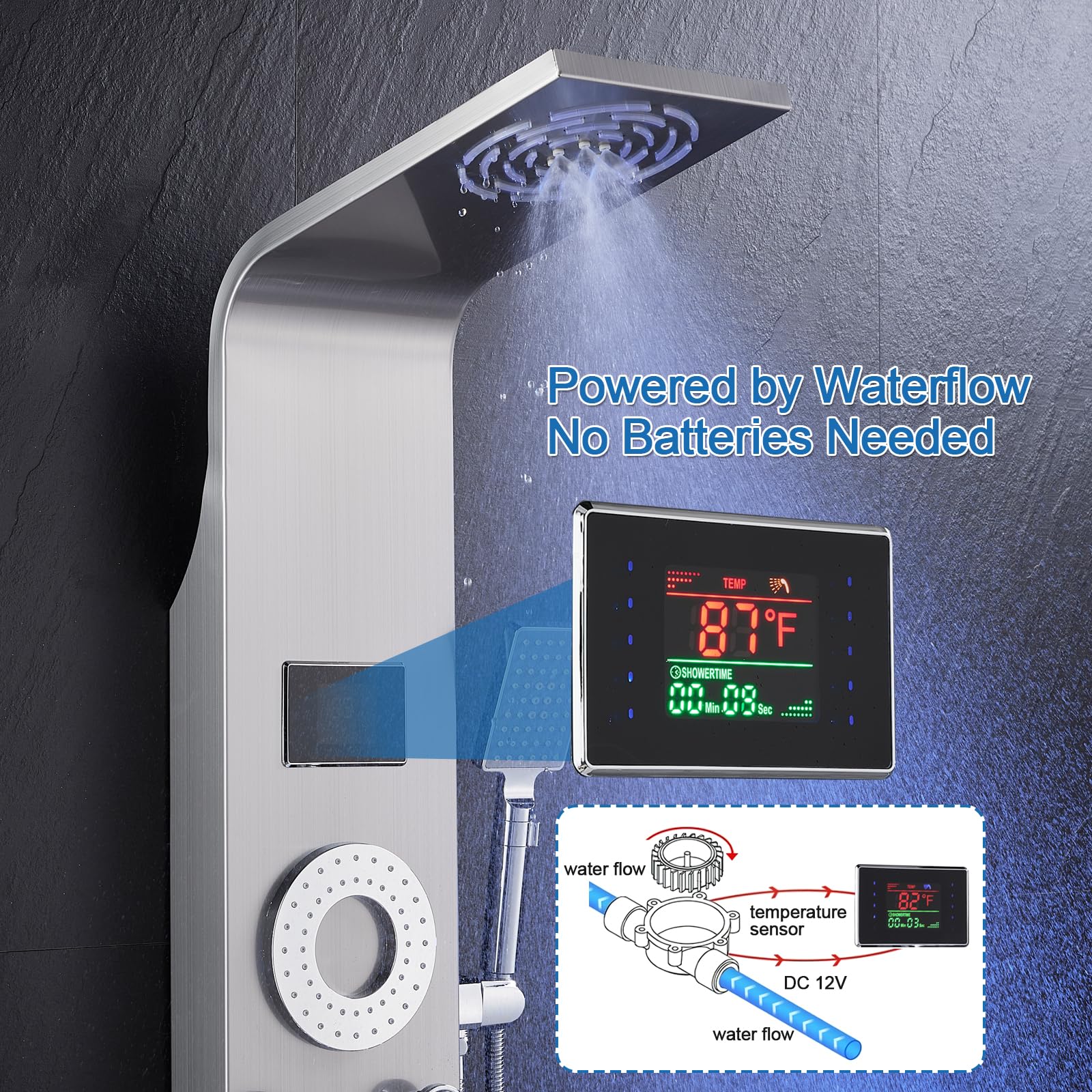 No Battery Needed Shower Panel Tower with LED Lights & Temperature Display - Rainfall, Mist & Body Jet Shower System with Handheld & Tub Spout | 304 Stainless Steel Brushed Finish | Perfect for Modern Bathroom Renovation & Spa-Like Shower Experience
