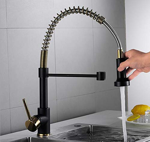 Premium Commercial Kitchen Faucet with Pull Down Sprayer - Single Handle Lever Spring Sink Faucet in Black & Gold Finish - Ideal for Restaurant, Cafe & Home Kitchen Renovation