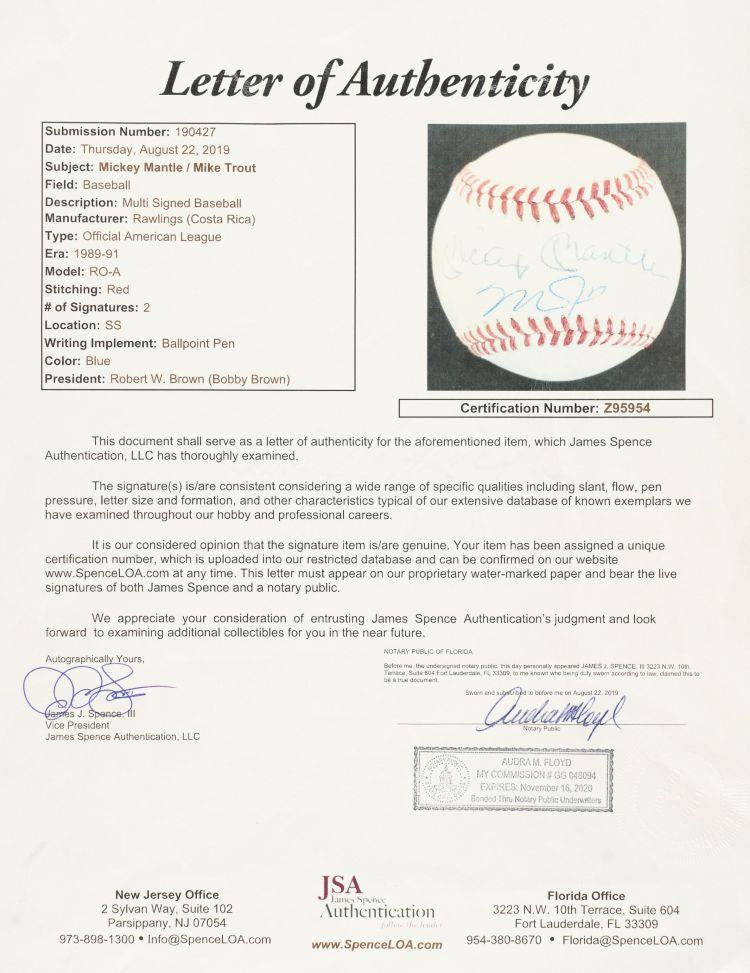 Authentic Mickey Mantle & Mike Trout Signed American League Baseball with JSA Certification Z95954 - Perfect for Sports Memorabilia Collectors and Baseball Fans Display