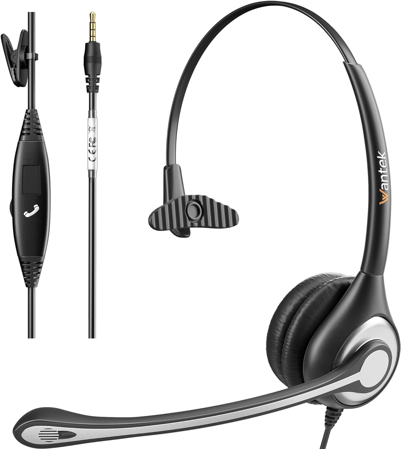 Wantek 601F Mono Headset with Noise Cancelling Microphone - 3.5mm Jack (Includes 2.5mm Adapter) for Call Center, PC, Smartphone, MP3, Xbox - Perfect for Online Classes, Gaming & Customer Service