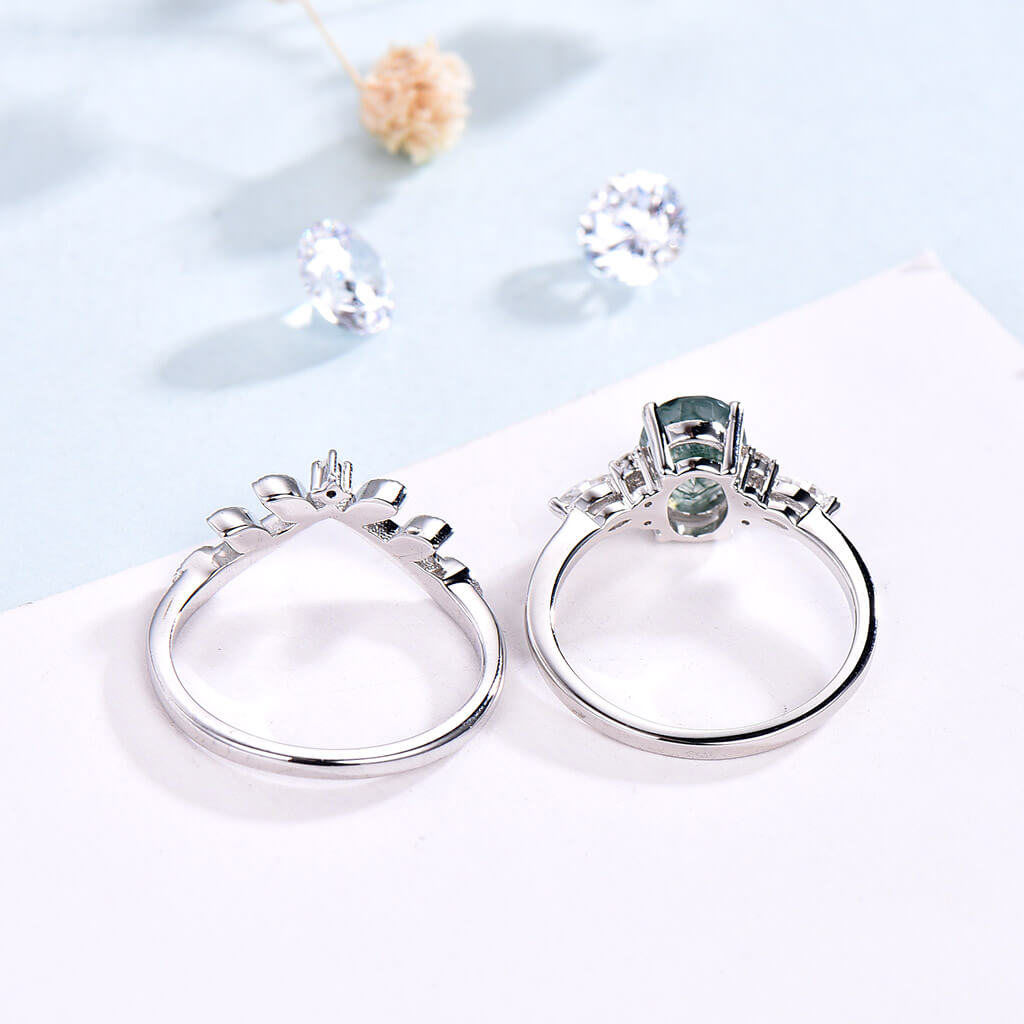 Oval Moss Agate Engagement Ring Set with Moissanite Stones - Vintage Inspired Bridal Jewelry for Weddings & Anniversaries
