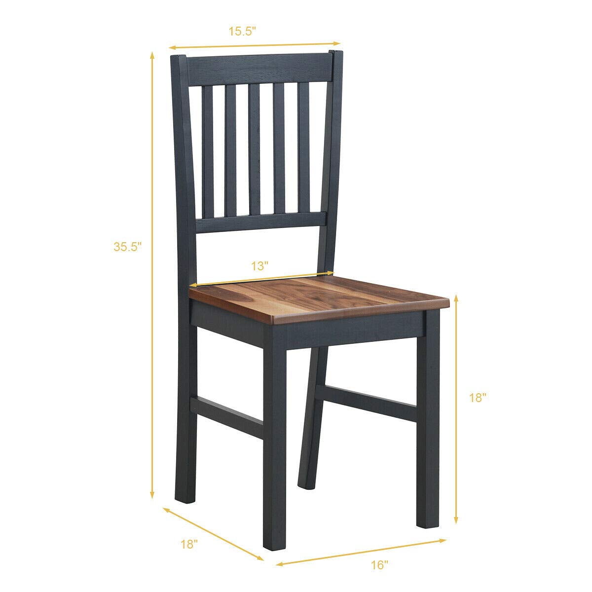 COSTWAY Set of 4 Dining Chairs - Solid Rubber Wood Armless Side Chairs with Slat Back, Black Base & Walnut Seat - Perfect for Home Kitchen, Dining Room, Breakfast Nook & Small Space Decor