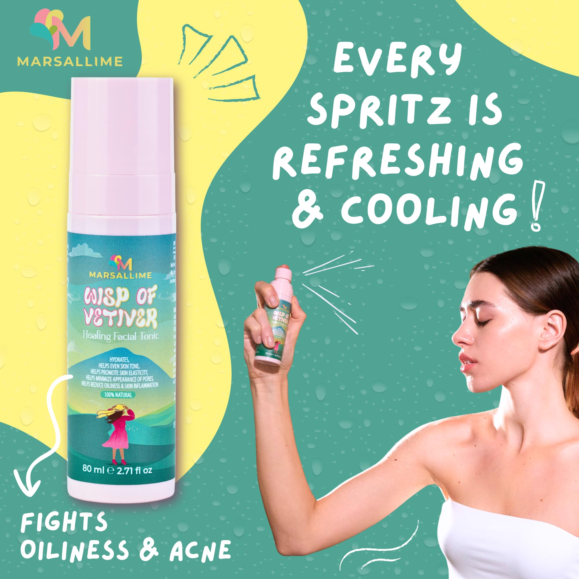 Marsallime Vetiver Face Toner - Alcohol-Free Hydrating Facial Mist for Oily & Acne-Prone Skin | Brightens Complexion, Reduces Blemishes & Controls Shine | Vegan, Fragrance-Free Skincare (80ml) | Perfect for Morning Routine & Post-Workout Refresh