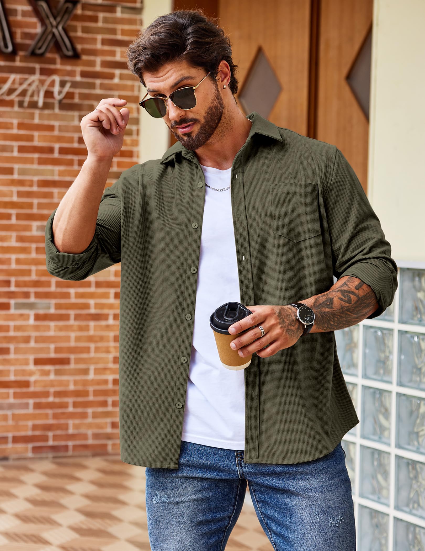 COOFANDY Men's Waffle Button Down Shirt - Casual Long Sleeve Shacket Jacket with Pockets | Warm Layered Outfit for Fall & Winter | Office, Date Night & Outdoor Activities