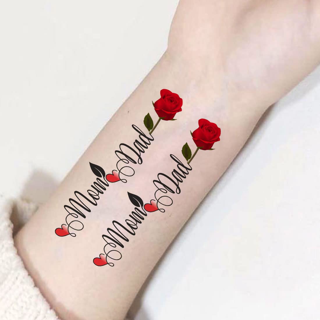Mom Dad Heart Tattoo Flower - Waterproof Temporary Tattoos for Men & Women - Perfect for Family Events, Weddings & Beach Vacations