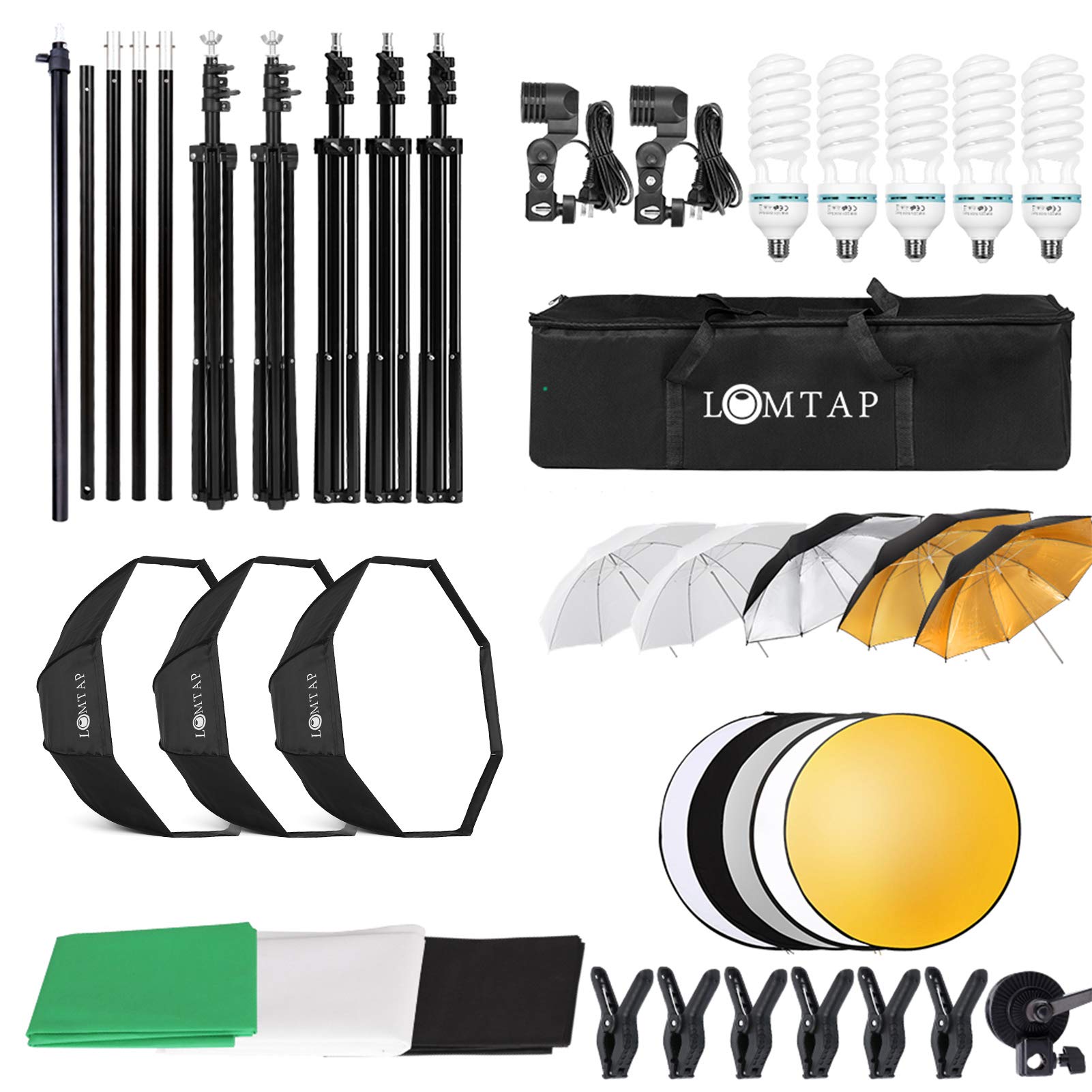 LOMTAP 10ft Backdrop Stand with Green Screen - Professional Photography Lighting Kit Includes 3 Softboxes, 5 Photo Umbrellas & 5-in-1 Reflector - Perfect for Video Equipment, Studio Lights, YouTube Setup and Party Photography