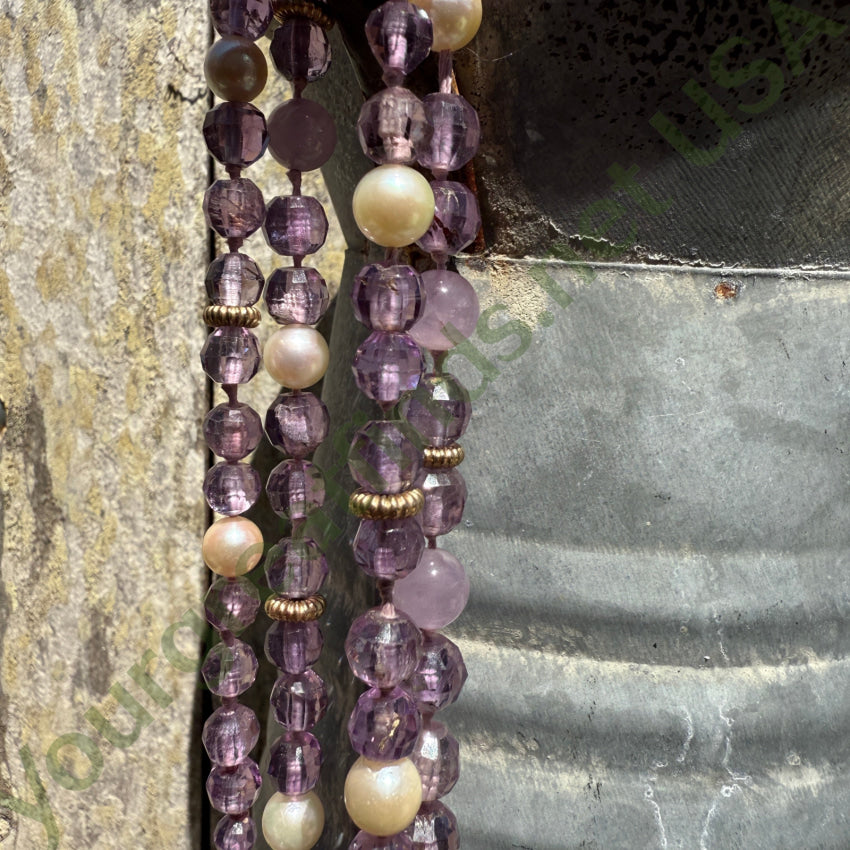 Hand Knotted Pearl & Amethyst Beaded Necklace - 35 Inch Luxury Boho Jewelry for Women, Gift for Her, Wedding, Party & Special Occasion Accessories