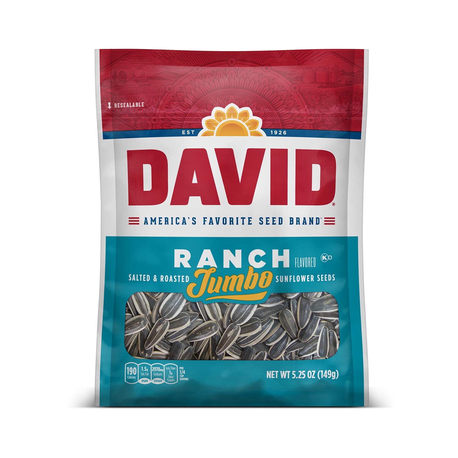 DAVID Roasted & Salted Jumbo Sunflower Seeds - Ranch Flavor, 5.25oz (12 Pack) | Healthy Snacks for Road Trips, Office & Outdoor Activities | Bulk Sunflower Seeds for Parties & Sports Events