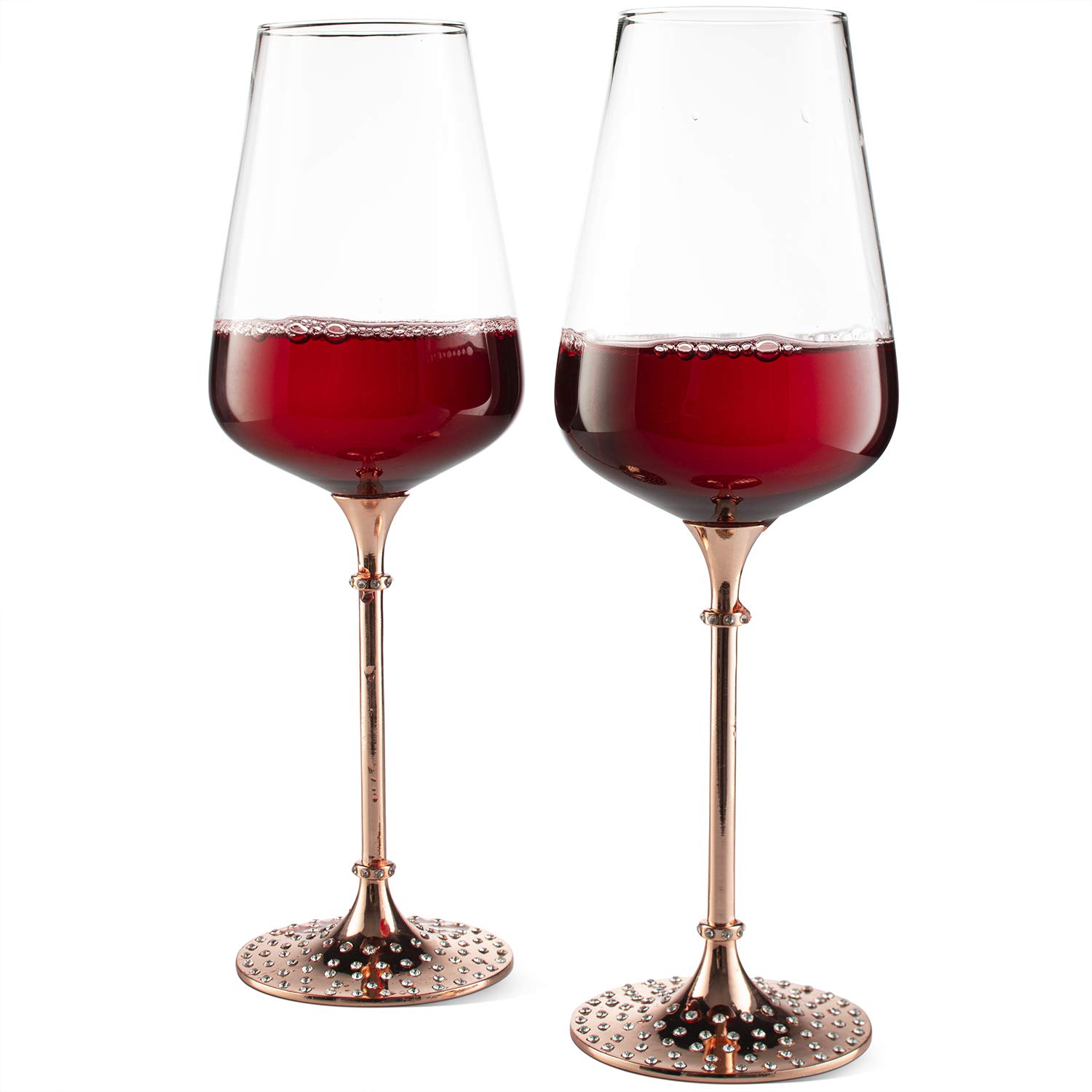 Premium Rose Gold Diamond Studded Wine Glasses Set of 2 - 15oz Elegant Crystal Stemware for Red Wine, Champagne & Cocktails - Perfect for Weddings, Anniversaries & Romantic Dinners - Gift Boxed