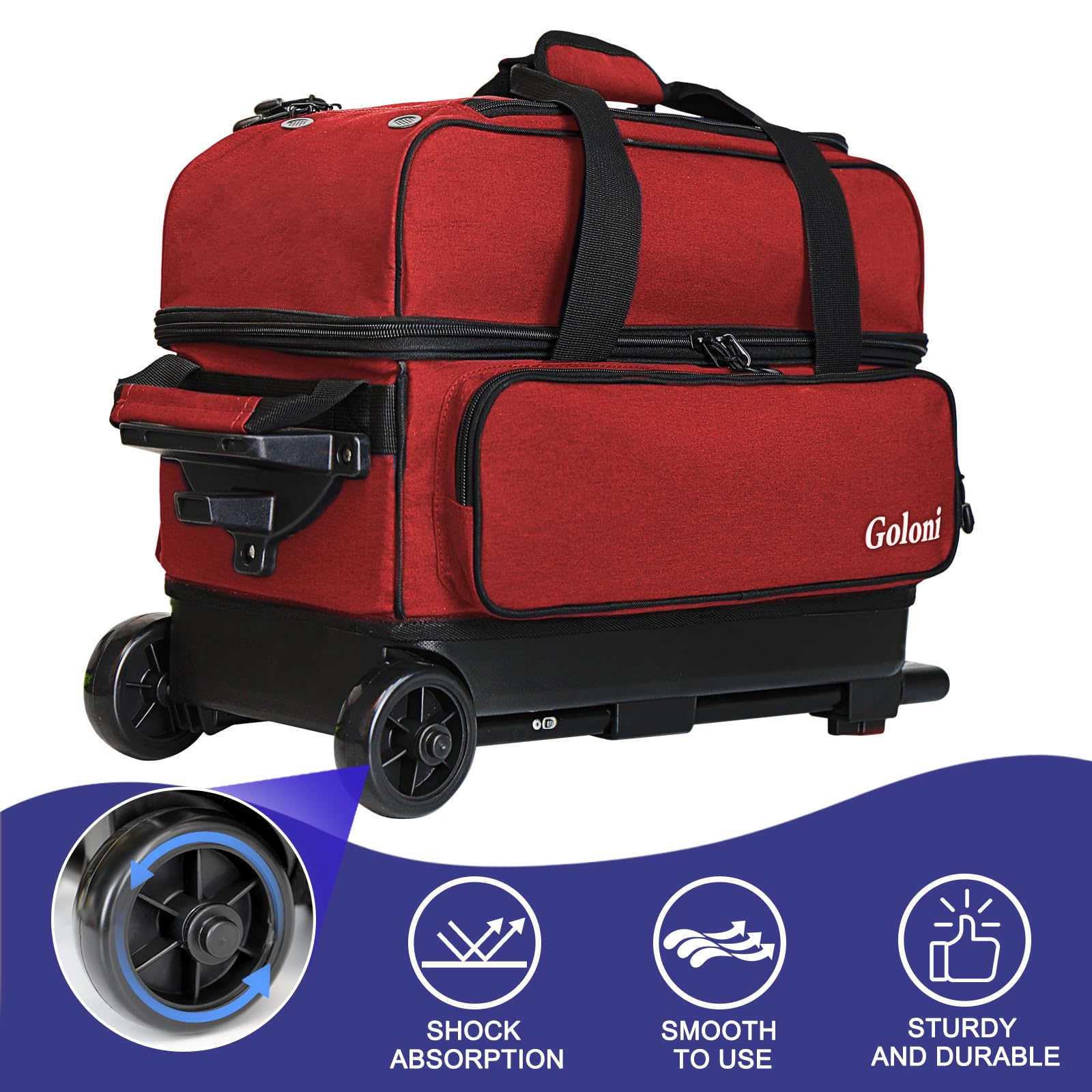 Goloni 2 Ball Bowling Bag with Wheels - Double Roller Design, Separate Shoe Compartment & Retractable Handle (Extends to 40