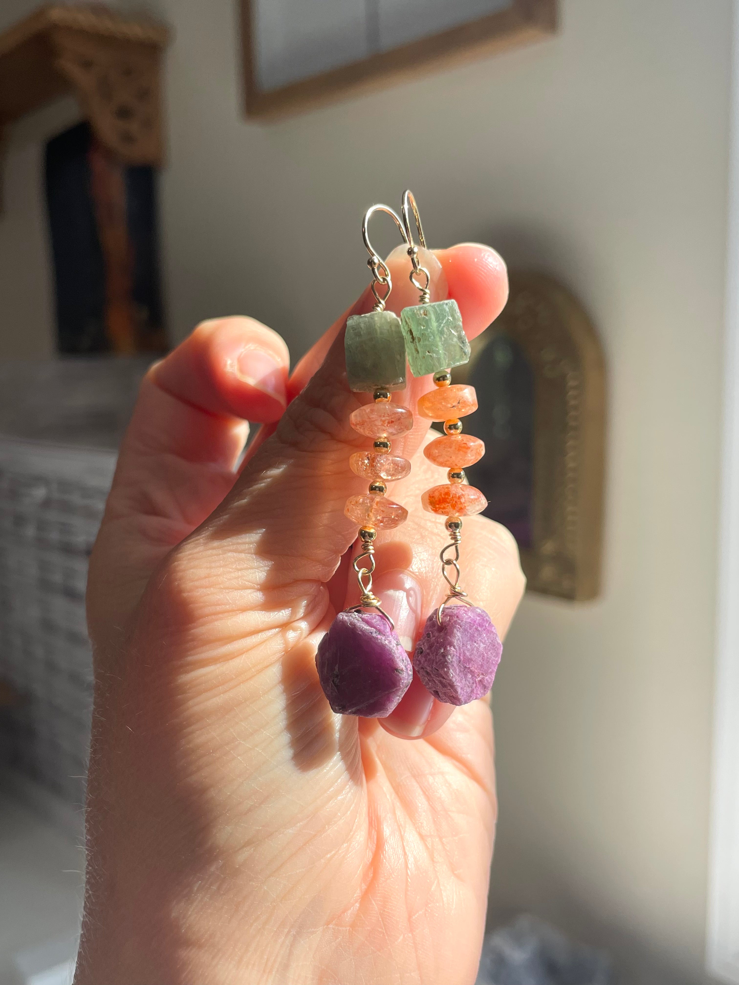 Unique Raw Ruby Sunstone Green Kyanite Statement Earrings for Women | Handmade Boho Jewelry | Perfect for Weddings, Parties & Special Occasions