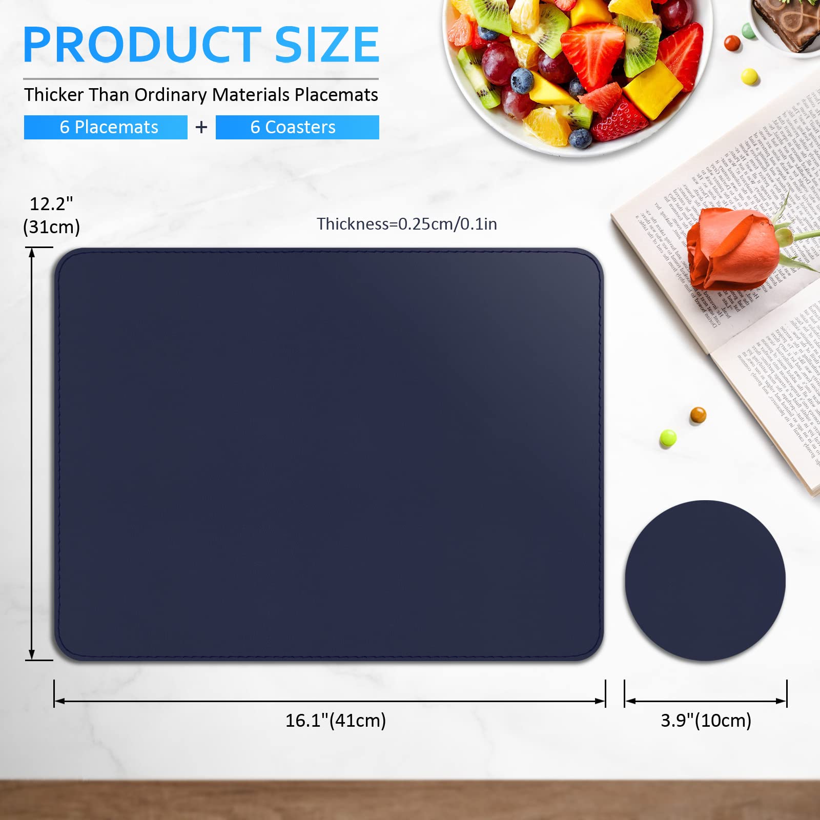Premium Waterproof Faux Leather Placemats Set of 6 - Heat Resistant & Wipeable Table Mats for Kitchen Dining Decor - Navy Blue Vinyl Place Mats for Indoor Outdoor Use - Perfect for Dinner Parties, BBQs, and Daily Meals