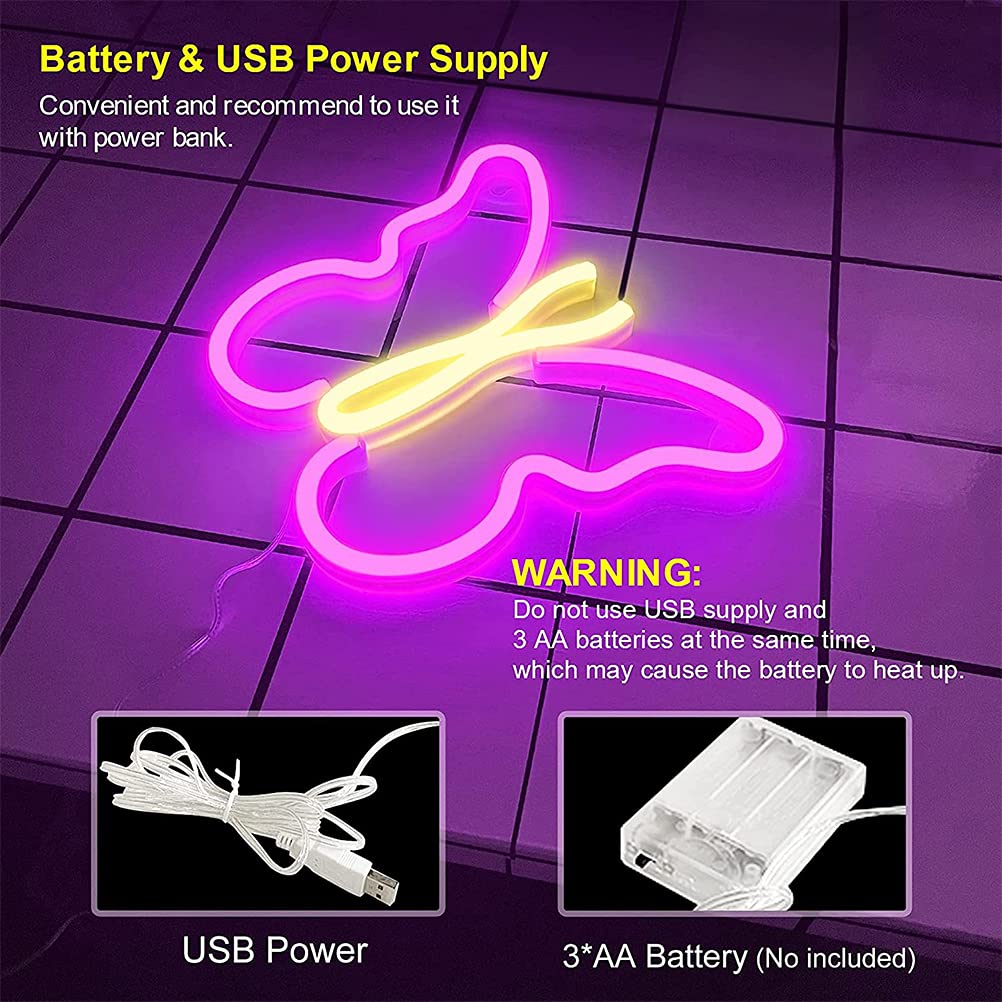 Totority Butterfly Neon Night Light - Decorative LED Atmosphere Lamp for Bedroom, Party, Home Decor - Plastic Neon Light with Luminous Glow, Creative Modeling Lamp for Kids Room & Gaming Setup