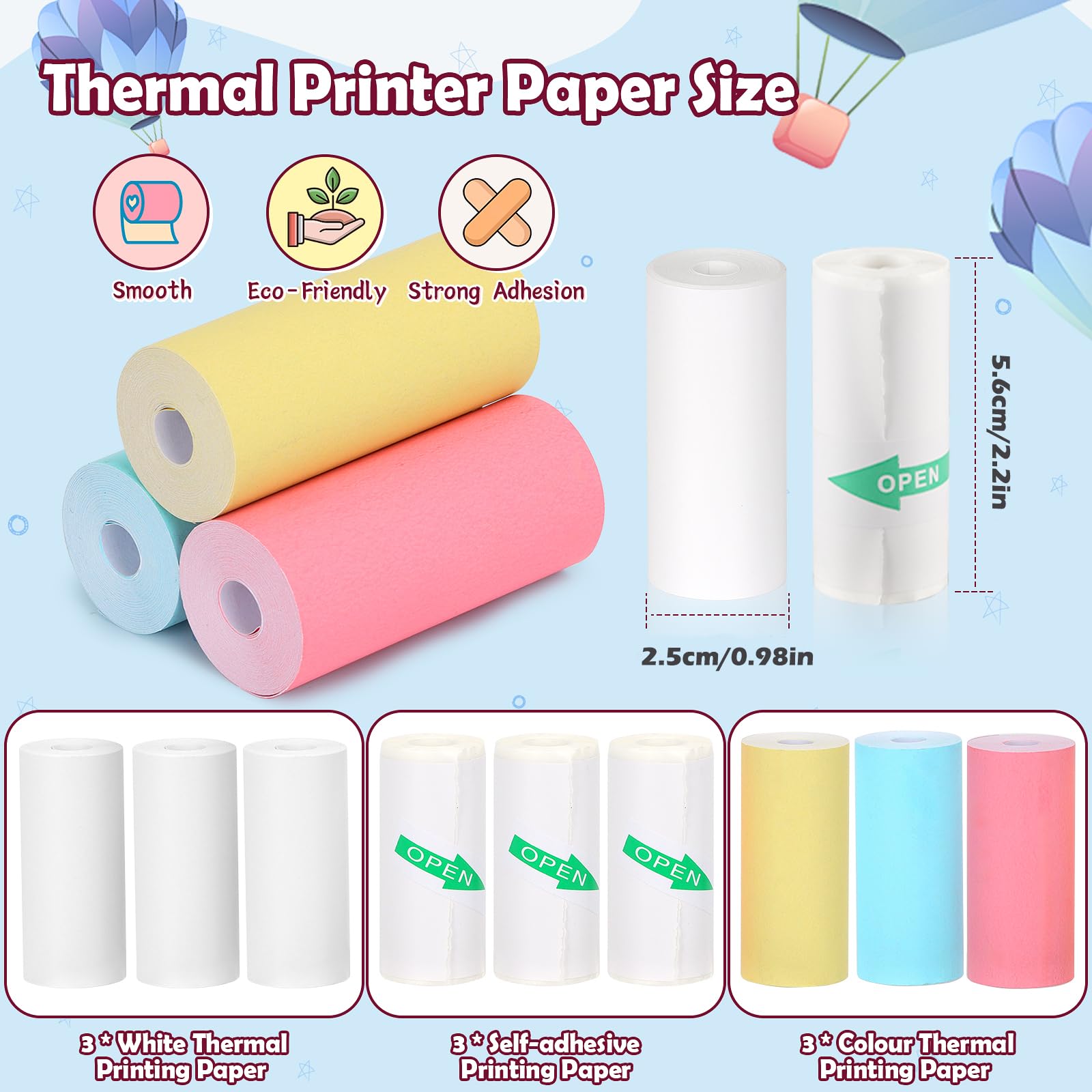 9 Rolls Mini Thermal Printer Paper 57mm x 25mm - Compatible with Bluetooth Pocket Receipt Printers - White & Colorful Sticker Paper for Photos, DIY Crafts, Notes, Memos (3 White + 3 Color + 3 Sticker Rolls) - Perfect for Home, Office & Small Business Receipt Printing