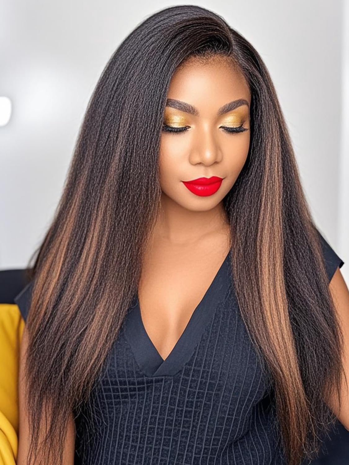 16 Inch Ombre Kinky Straight Human Hair Wig - Brazilian Yaki Straight Lace Front Wig with Pre Plucked Baby Hair, Glueless & Natural Look for Women | Perfect for Daily Wear, Cosplay, and Special Occasions