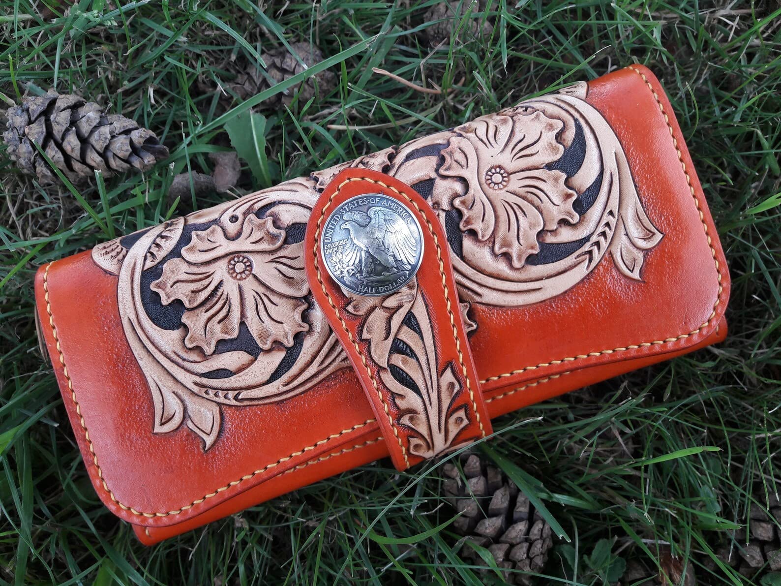 Hand-Carved 3D Genuine Leather Wallet for Men - Custom Biker Wallet with Sheridan Style Artwork - Personalized Long Leather Wallet for Everyday Use & Gift Giving