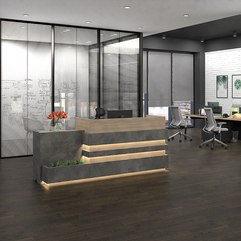 KERAN 8ft Left Panel Reception Desk - Acacia Wood & Carbon Grey Finish - Perfect for Office Lobby, Hotel Front Desk, and Corporate Reception Areas