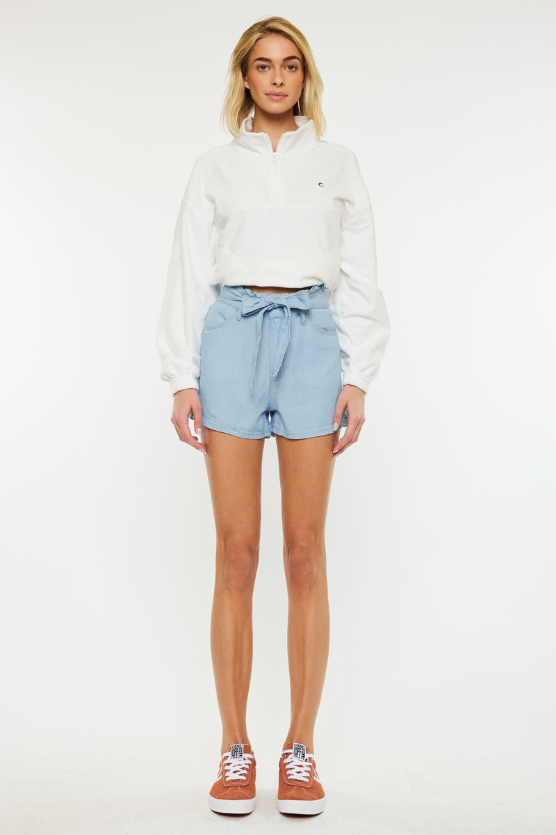 Asher Ultra High Rise Belted Paper Bag Shorts for Women - Trendy Stretch Denim High Waisted Shorts with Belt Loops - Perfect for Summer, Beach, and Casual Outings