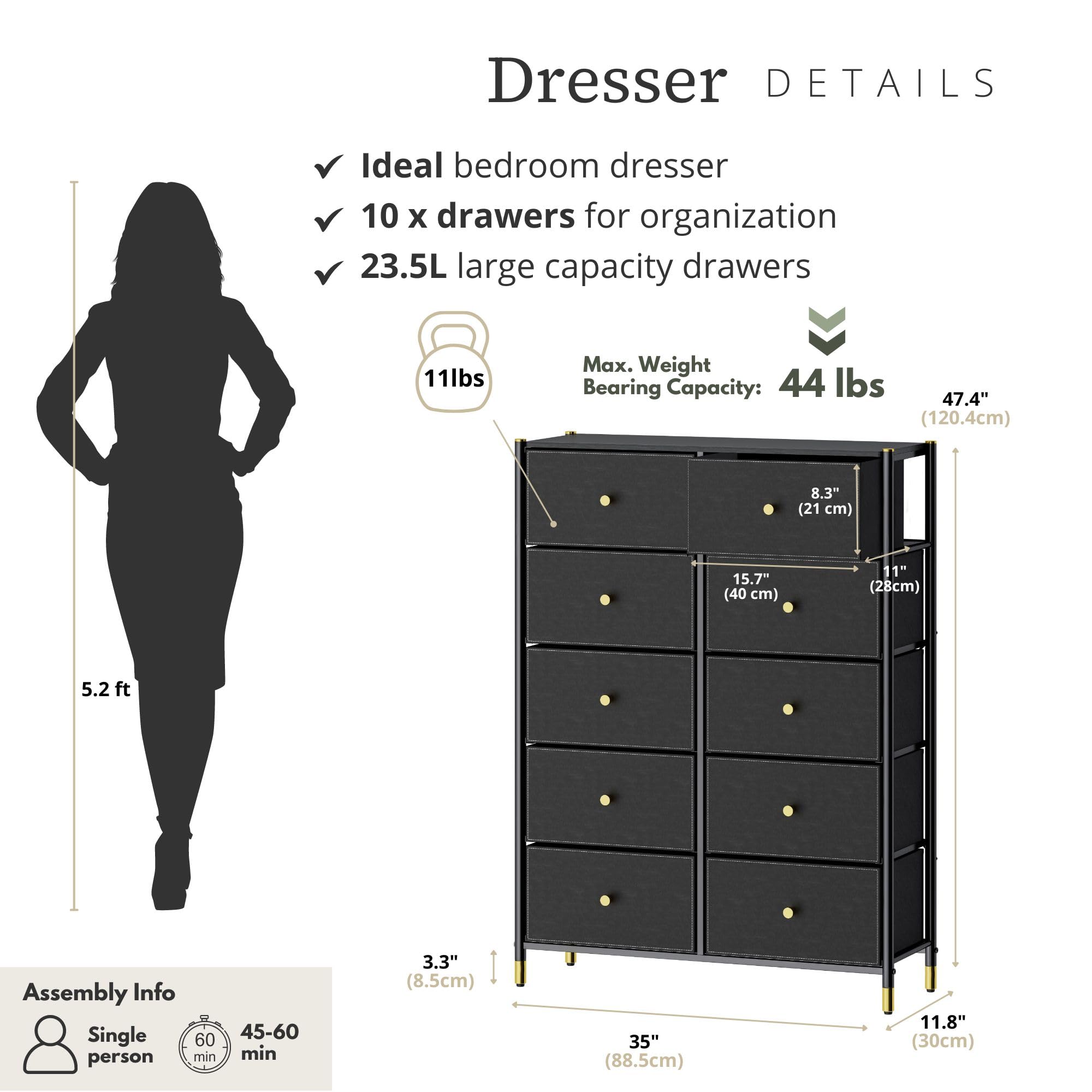 Black & Gold Dresser for Bedroom - 6 Drawer Chest of Drawers, Kids Dresser & Nursery Storage Furniture - Perfect for Baby Room, Child's Bedroom & Home Organization