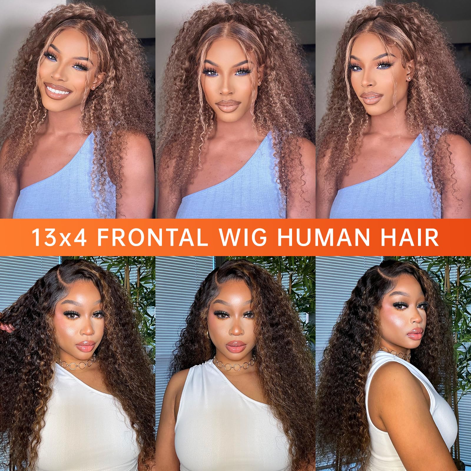 MEGALOOK 24 Inch Ombre Highlight Human Hair Lace Front Wig - Pre Plucked with Baby Hair, 13x4 Deep Wave Lace, 180% Density, Curly Wet & Wavy (FB30# Color) - Perfect for Cosplay, Daily Wear & Special Occasions