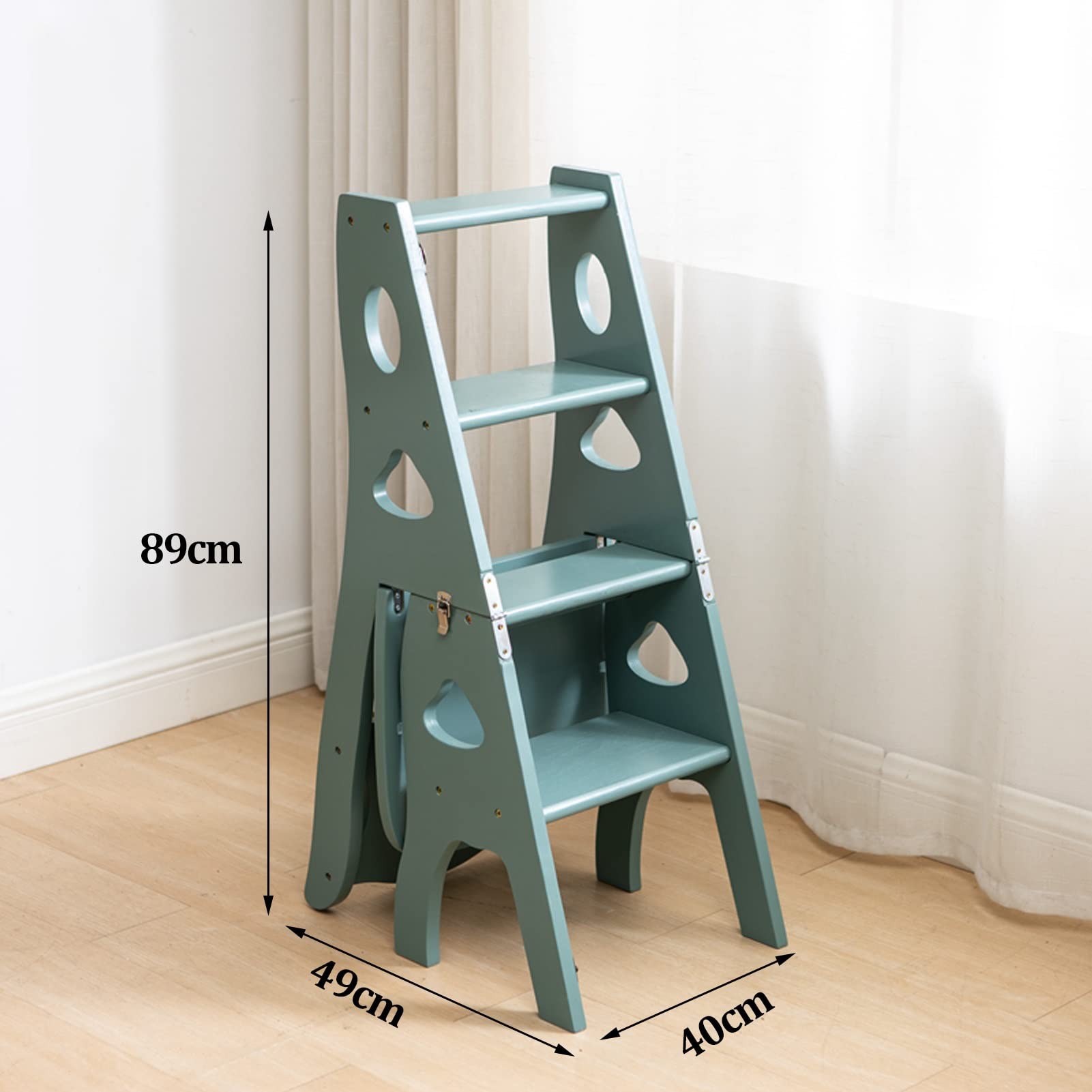 Foldable Wooden Ladder Chair - Portable, Sturdy, Non-Slip Multifunctional Step Stool for Home, Library, Plant Stand - Blue & White (Perfect for Reaching High Shelves, Home Decor & Gardening)