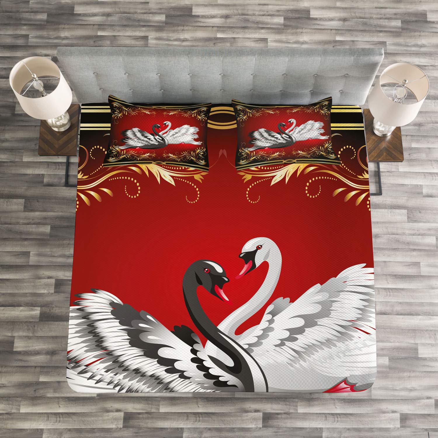 Ambesonne King Size 3-Piece Bedspread Set with 2 Pillow Shams - Black & White Swan Couple Design, Romantic Elegant Bedding for Master Bedroom Decor, Perfect for Valentine's Day Gift & Anniversary Present