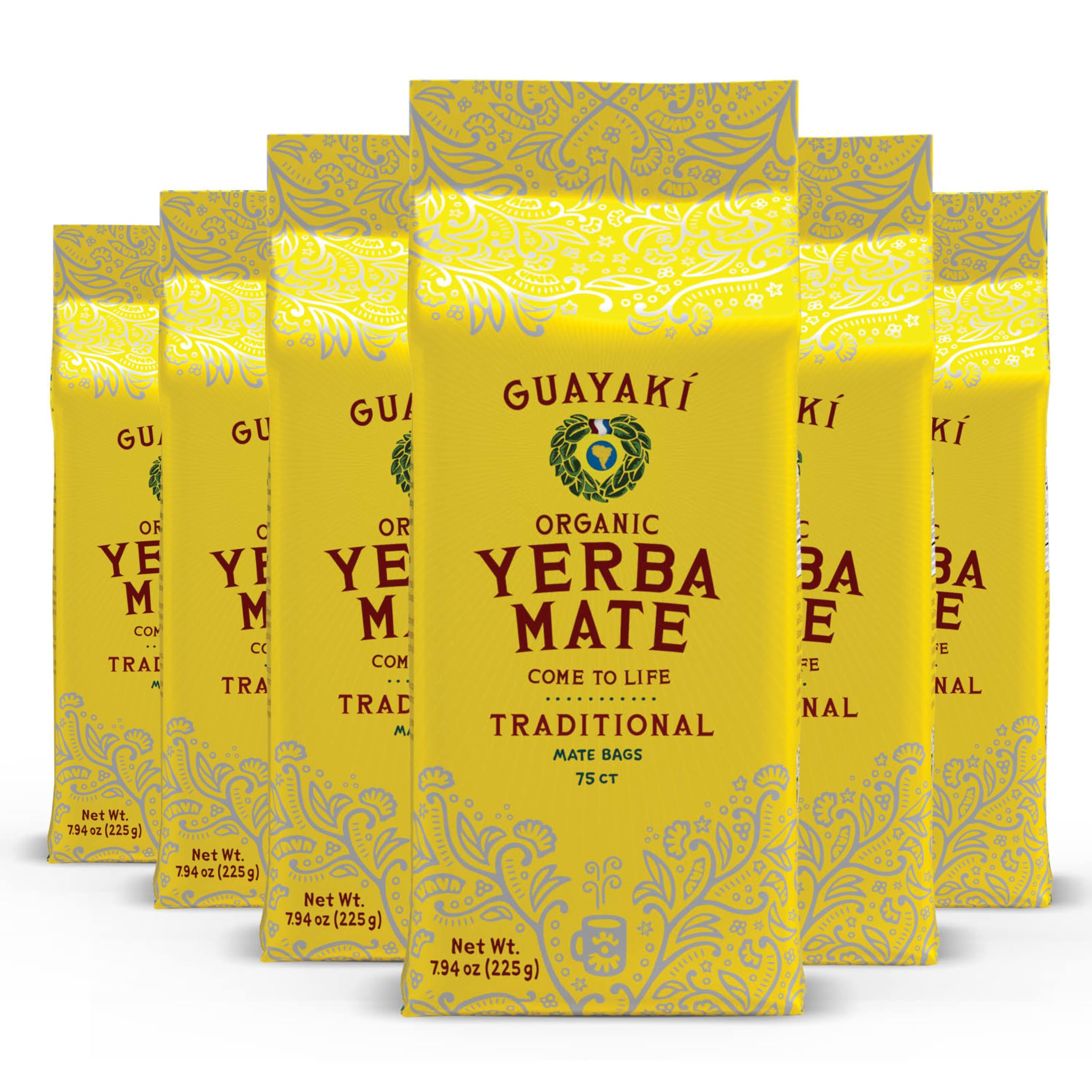 Organic Guayakí Yerba Mate Tea Bags - Unsweetened Traditional Blend, 75 Count (Pack of 6, 450 Total) | 40mg Natural Caffeine for Smooth Energy | Perfect Hot Beverage for Cold Weather, Office, Camping & Morning Boost