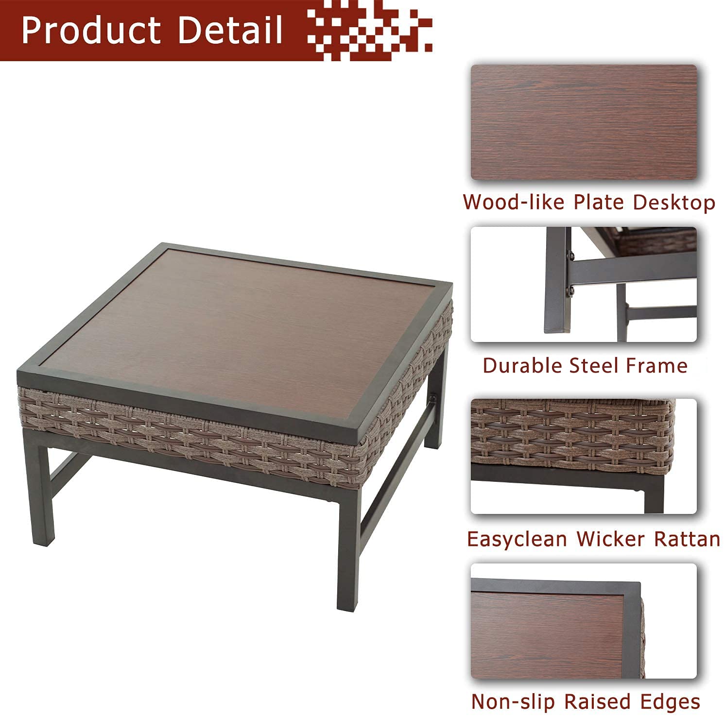 Outdoor Coffee Table with Metal Frame & Wood Grain Top - 23.6