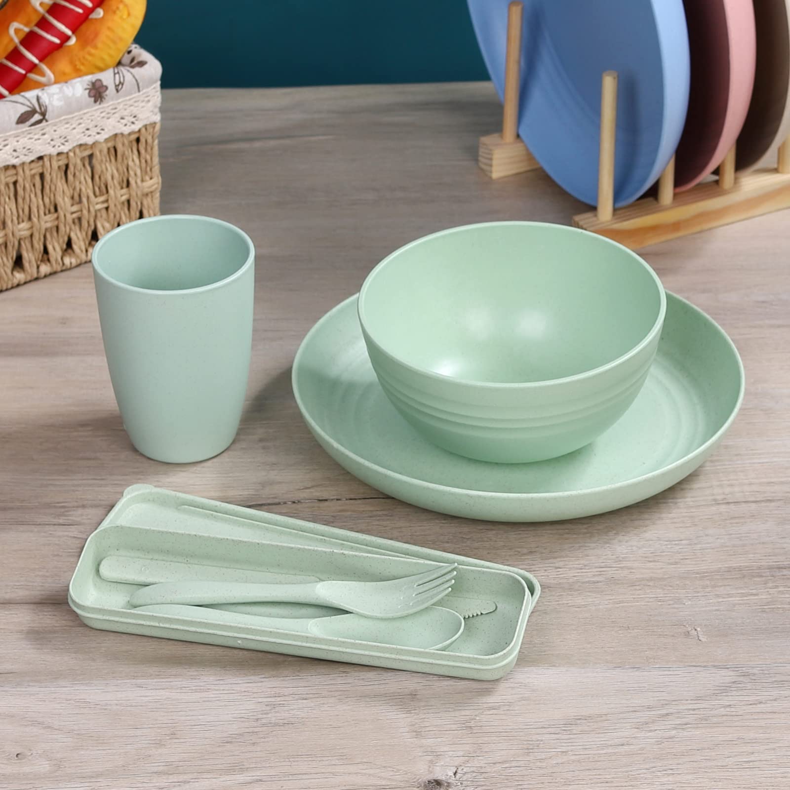 Eco-Friendly Wheat Straw Dinnerware Set for 4 - 28-Piece Microwave Safe Plates, Bowls & Cutlery | Colorful BPA-Free Kitchen Dishes for College Dorm, Camping & Sustainable Home Dining