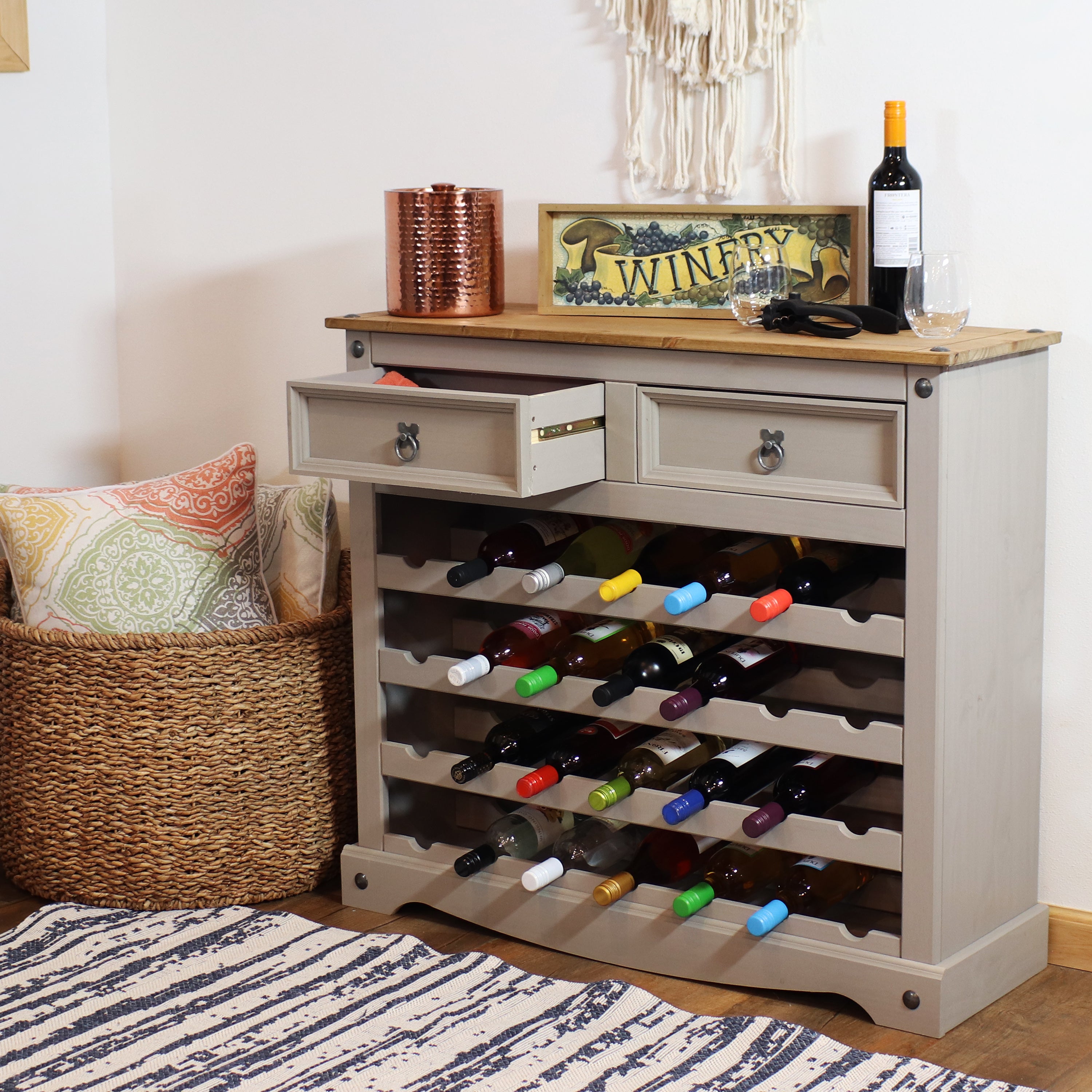 Sunnydaze 28 Bottle Solid Pine Freestanding Wine Rack Table in Gray - 34.5 Inches - Perfect for Dining Room, Kitchen, or Home Bar Storage