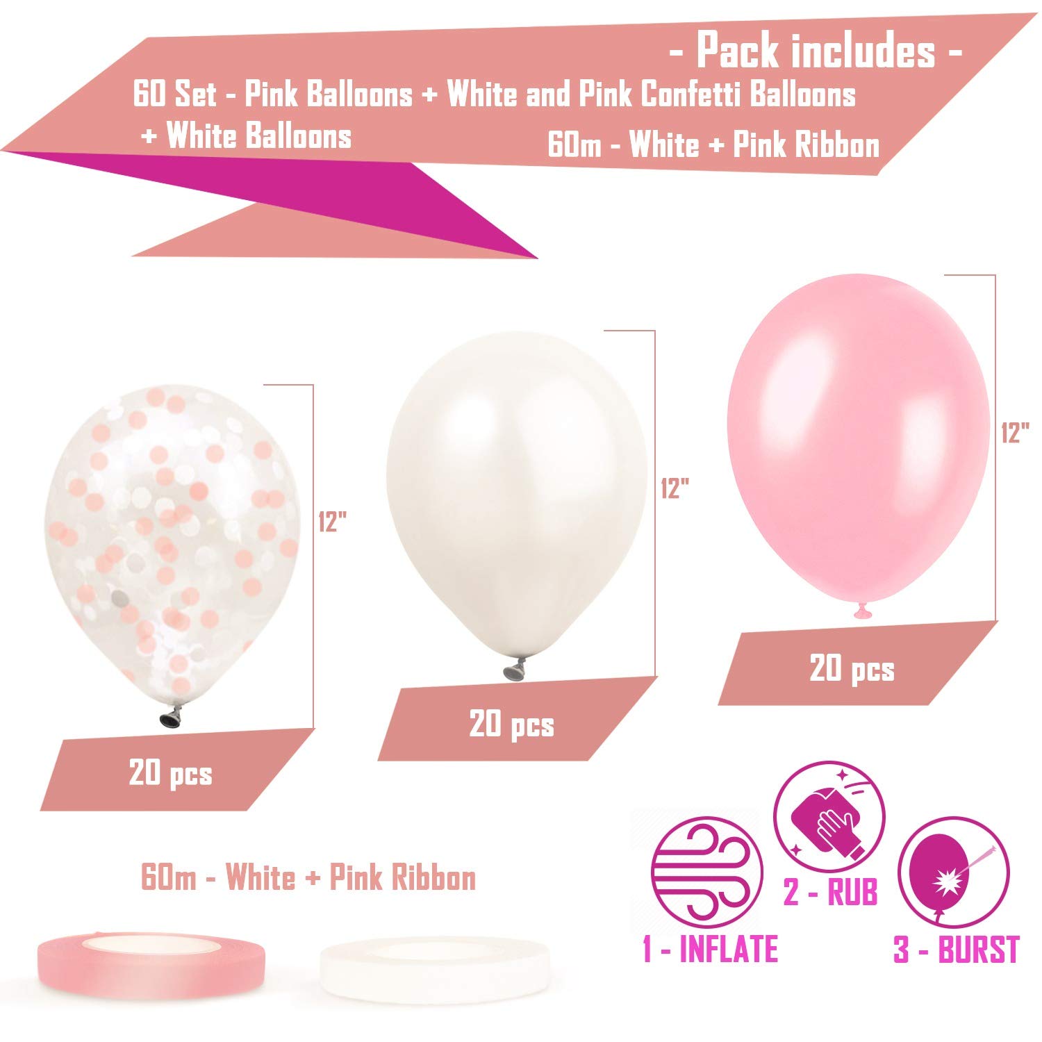 Dandy Decor 60 Pack Pink Latex Balloons with Pink Confetti & White Ribbon - Bulk Party Decorations for Birthdays, Weddings & Baby Showers