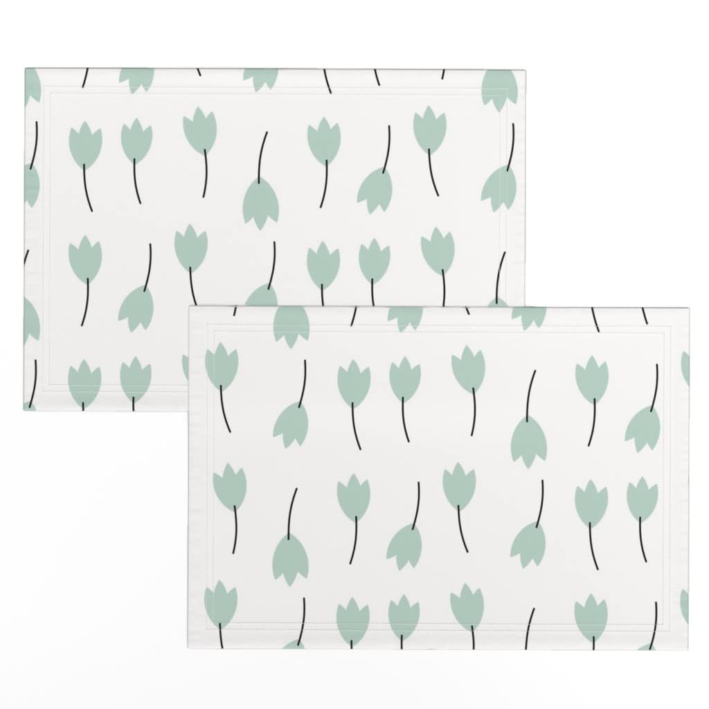 Premium Linen Cotton Canvas Placemats Set of 2 - Tulip Floral Design in Mint & Pastel Colors for Dining Table Decor, Baby Shower, and Spring Home Decor