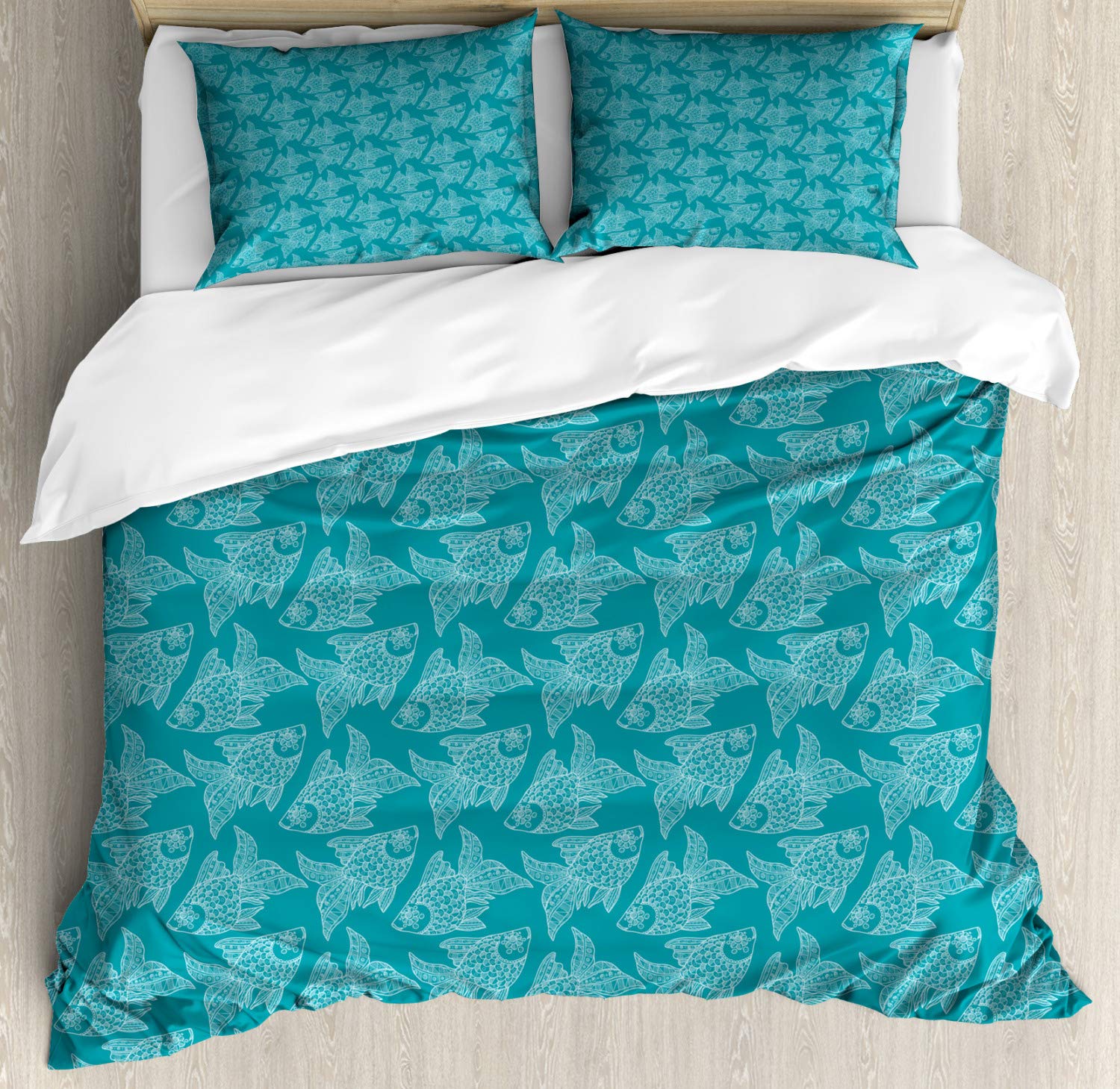 Ambesonne Nautical Duvet Cover Set - Japanese Style Ornamental Fish & Underwater Creature Design, 3-Piece King Size Bedding Set with 2 Pillow Shams in Pale Petrol Blue & White | Perfect for Coastal, Beach House, or Ocean-Themed Bedroom Decor