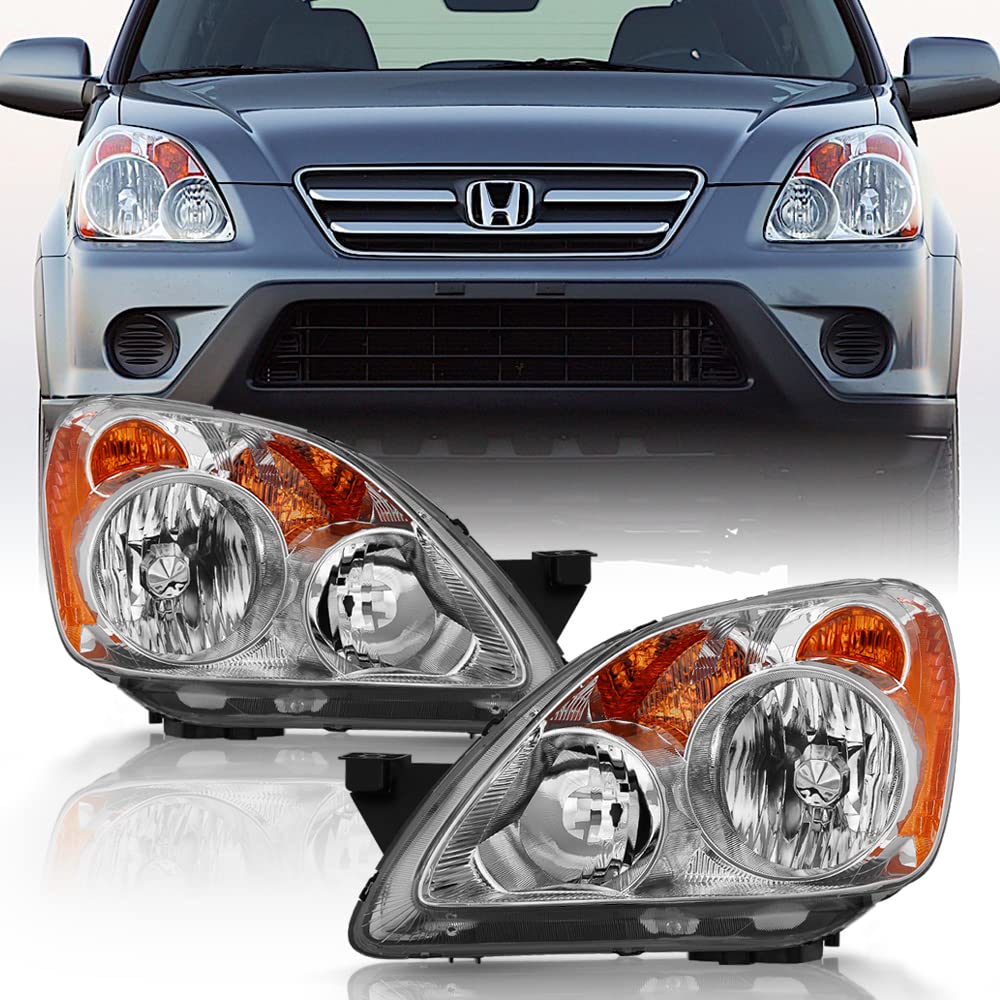 ACANII Chrome OE Style Headlights Replacement for 2005-2006 Honda CR-V - Left & Right Pair - Durable Front Lamps for Night Driving & Foggy Conditions