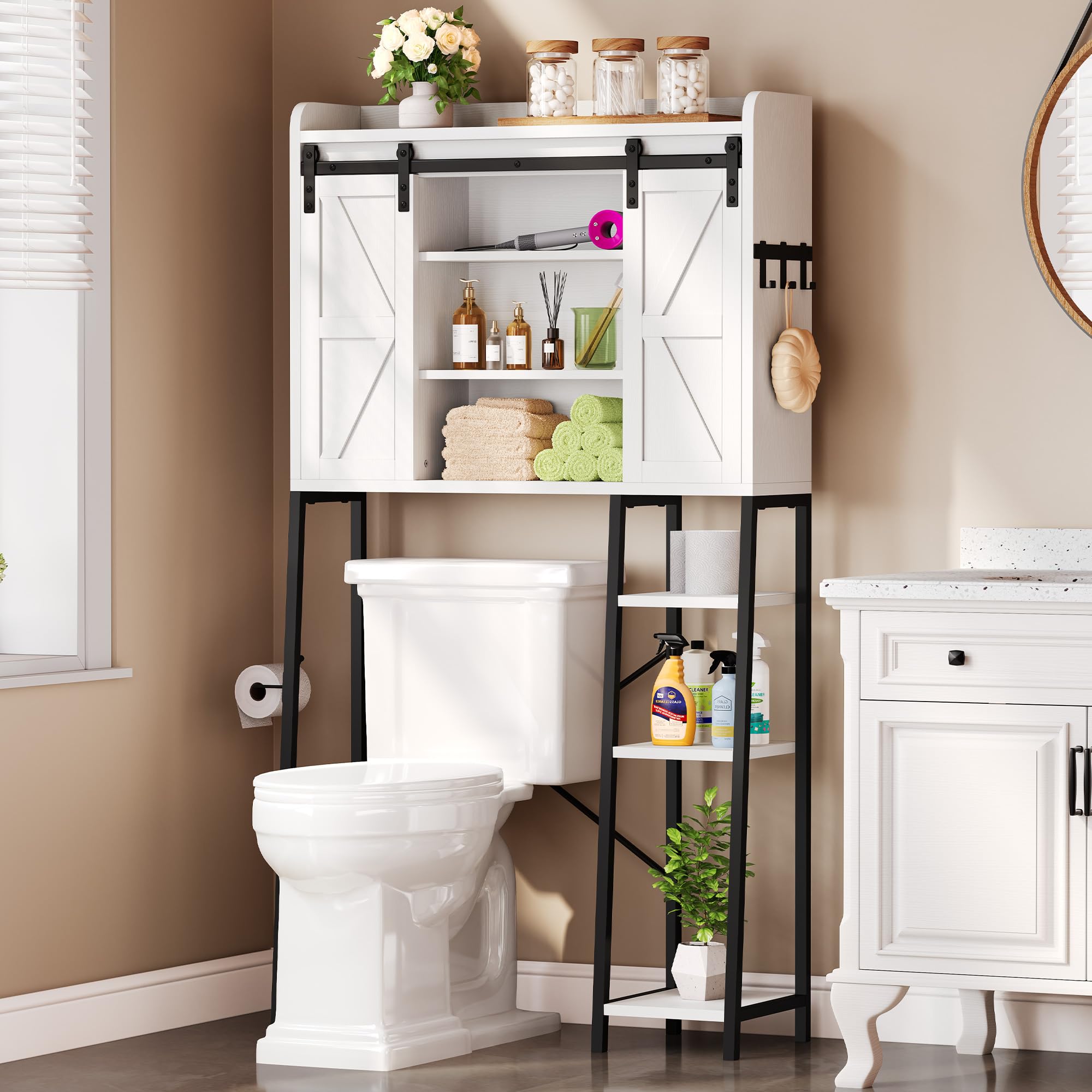YITAHOME White Over The Toilet Storage Cabinet with Shelves, Side Rack & Hooks - Space-Saving Bathroom Organizer for Toilet Paper, Towels & Laundry Supplies - Perfect for Small Bathrooms, Apartments & RV Living