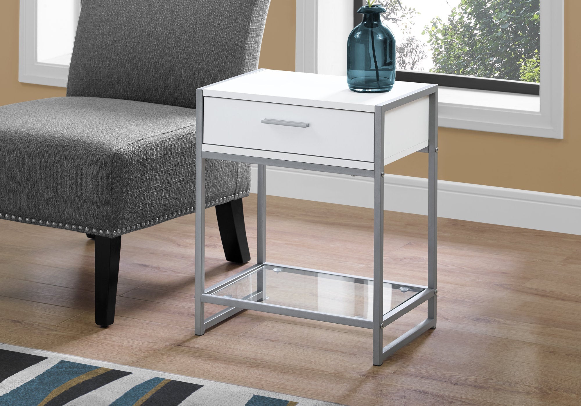 Modern Accent Table - 22 Inch Height, White & Silver Metal Frame with Tempered Glass Top - Perfect for Living Room, Bedroom, or Office Decor