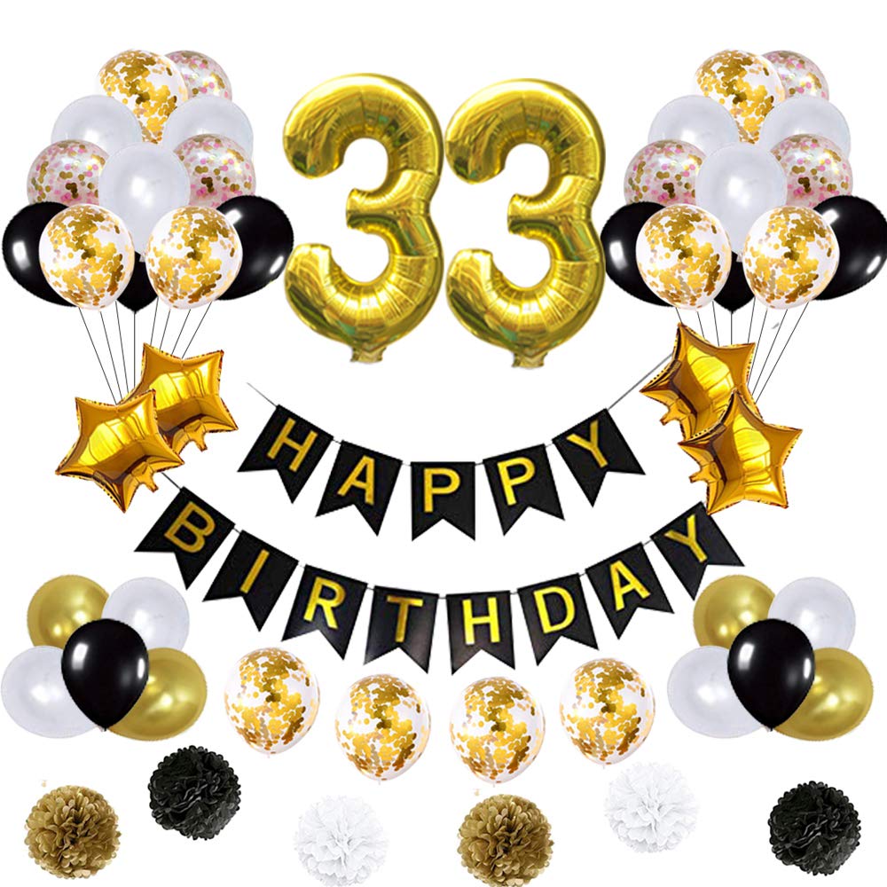 33rd Birthday Party Decorations Set - Happy Birthday Banner, Pom Pom Flowers, Gold Mylar & Latex Balloons, Number 33 Foil Balloons for Anniversary Celebration | Perfect for Adult Milestone Birthdays, Photo Backdrops & Party Decor