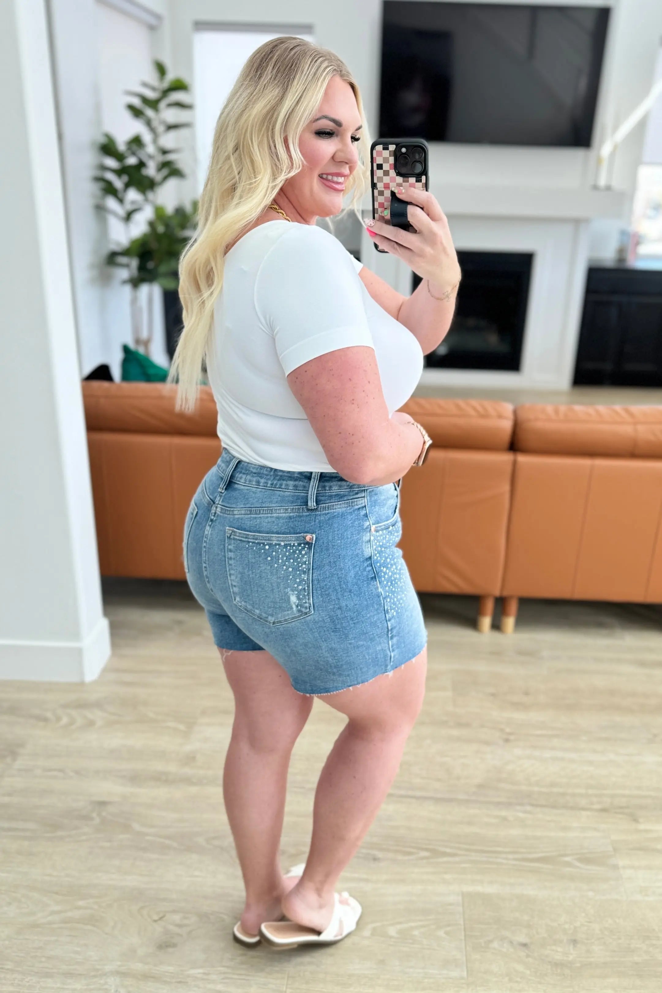 Elle High Rise Rhinestone Cutoff Denim Shorts for Women - Trendy Distressed Jeans Shorts with Sparkling Rhinestones | Perfect for Summer, Beach, Music Festivals & Night Out