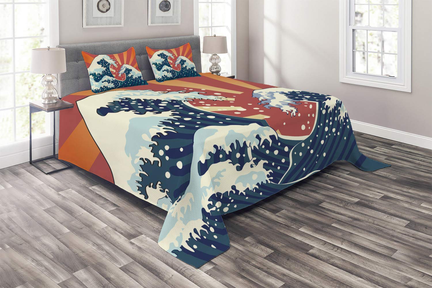 Ambesonne Japanese Wave Quilt Set - 3 Piece Queen Size Bedspread with 2 Pillow Shams | Abstract Ocean Sunset Design, Multicolor Asian Inspired Decor | Perfect for Coastal Bedroom, Guest Room & Boho Home Decor